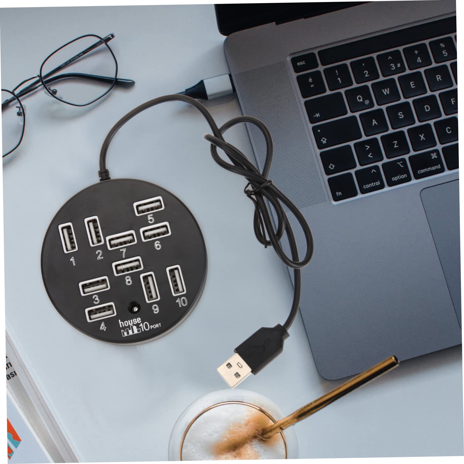 10-Port USB Hub Splitter - High-Speed USB 3.0 Adapter with 4 Extra Ports - Multi-Port USB Extension for Laptop, PC, Mac - ABS Plastic & Wooden Base - Perfect for Home Office, Gaming Setup & Charging Multiple Devices