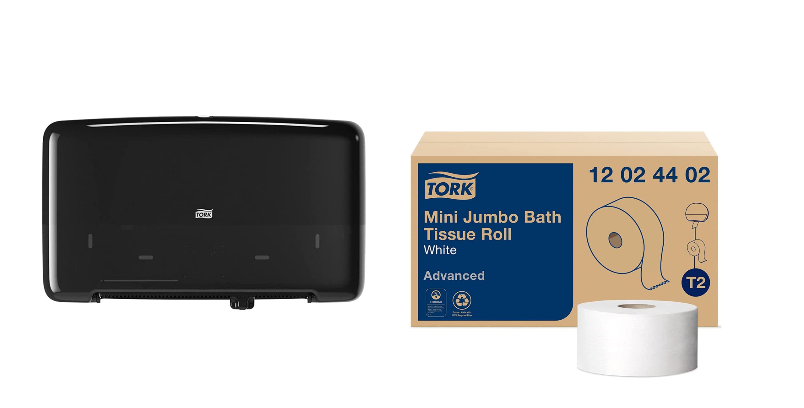 Tork Twin Mini Jumbo Toilet Paper Dispenser with Refill - Black T2 & White Advanced Mini Jumbo Bath Tissue Roll (12 x 751 Sheets) - Ideal for Home, Office & Commercial Restrooms