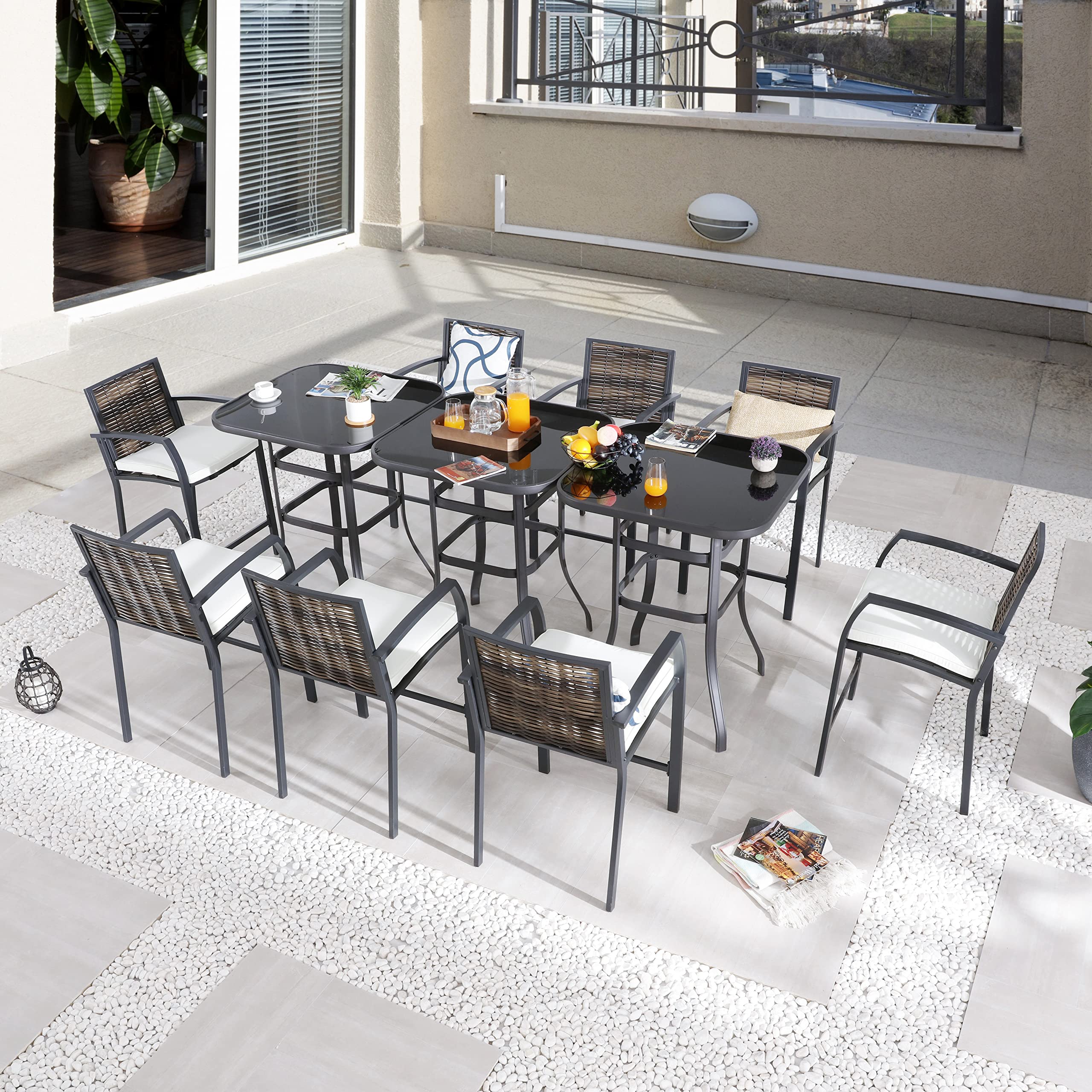 LOKATSE HOME 8-Piece Counter Height Bar Stool Set with Armrests - Beige Patio Chairs for Garden, Pool, Lawn & Backyard | Perfect for Outdoor Dining, Entertaining & Relaxation