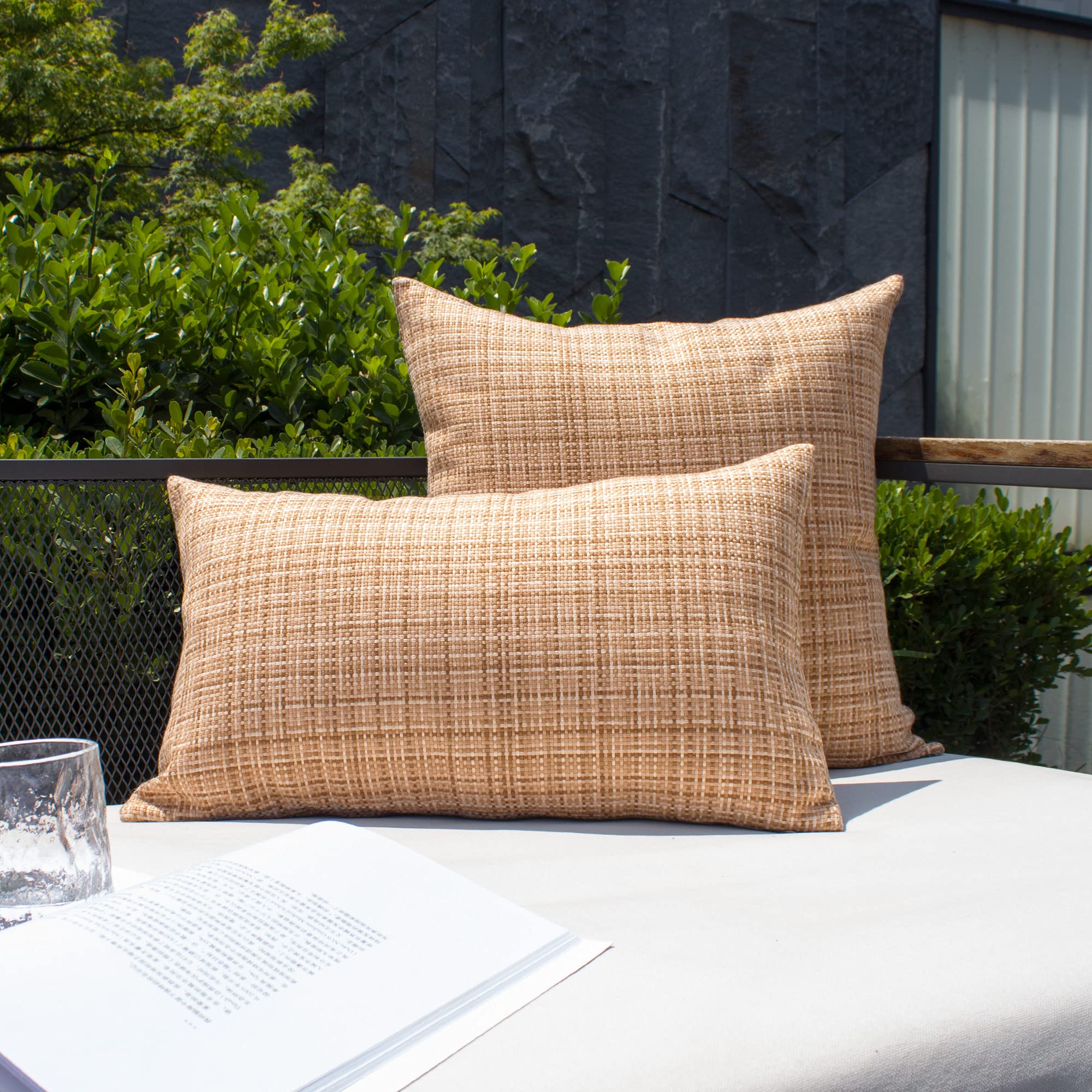 Kevin Textile 2-Pack Waterproof Outdoor Pillow Covers - 24x24 Inch Beige Decorative Throw Pillow Cases for Sofa, Couch, Patio & Garden - Weatherproof & UV Resistant for All-Season Use