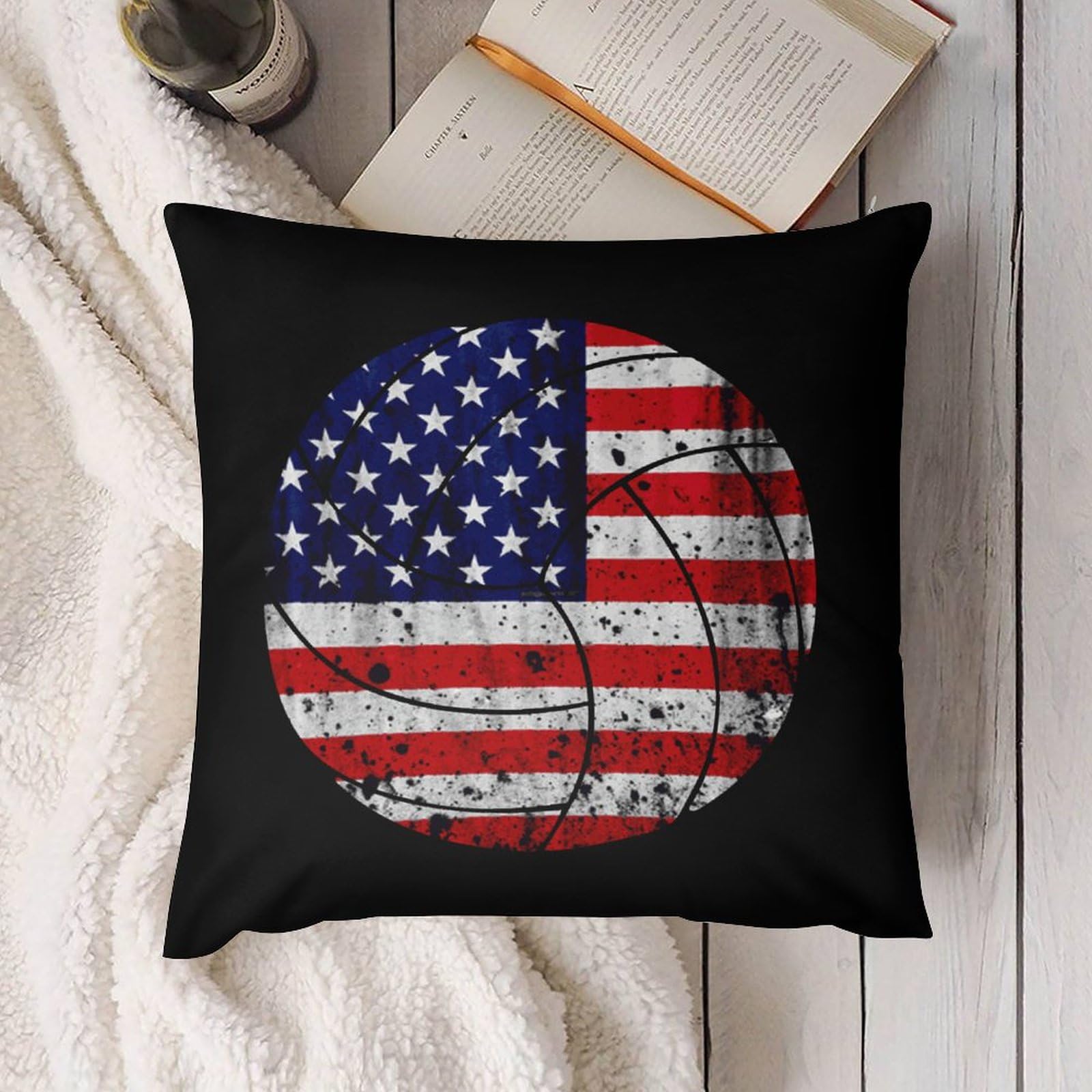 USA Flag Volleyball Plush Pillow Covers - Soft & Smooth 12x12 Inch Cushion Cases for Sofa, Bed, Dorm - Patriotic Home Decor Set of 4 - Perfect for Game Day, 4th of July & Sports Fan Gifts