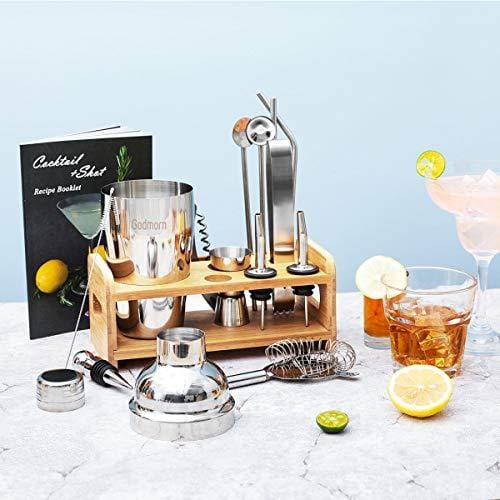 Premium 15-Piece Cocktail Shaker Set - 304 Stainless Steel Martini Shaker with Strainer, Bamboo Stand & Recipe Book (550ml/19oz) - Professional Bartender Kit for Home Bars, Parties & Mixology Enthusiasts