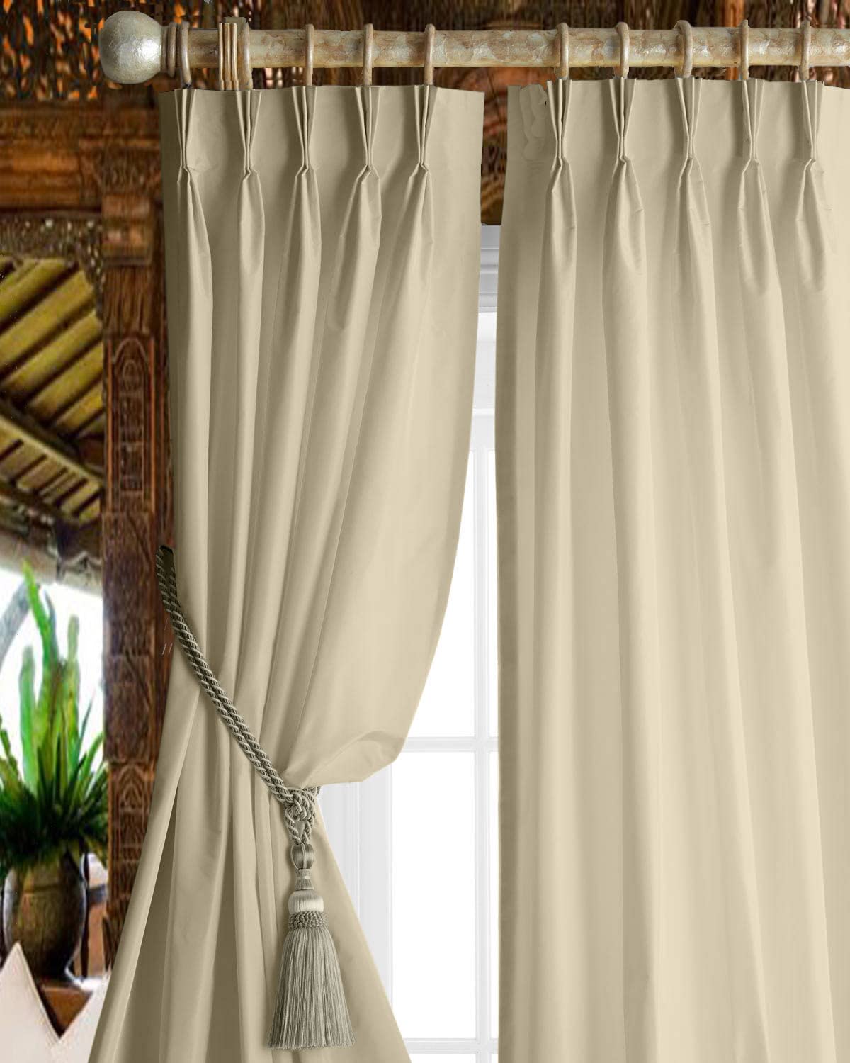 Magic Drapes Triple Pinch Pleat Blackout Curtains - 100% Polyester Thermal Insulated Room Darkening Window Treatment Panels - Spill Proof & Machine Washable - Custom Size (Beige) - Perfect for Bedrooms, Home Theaters & Light-Sensitive Spaces