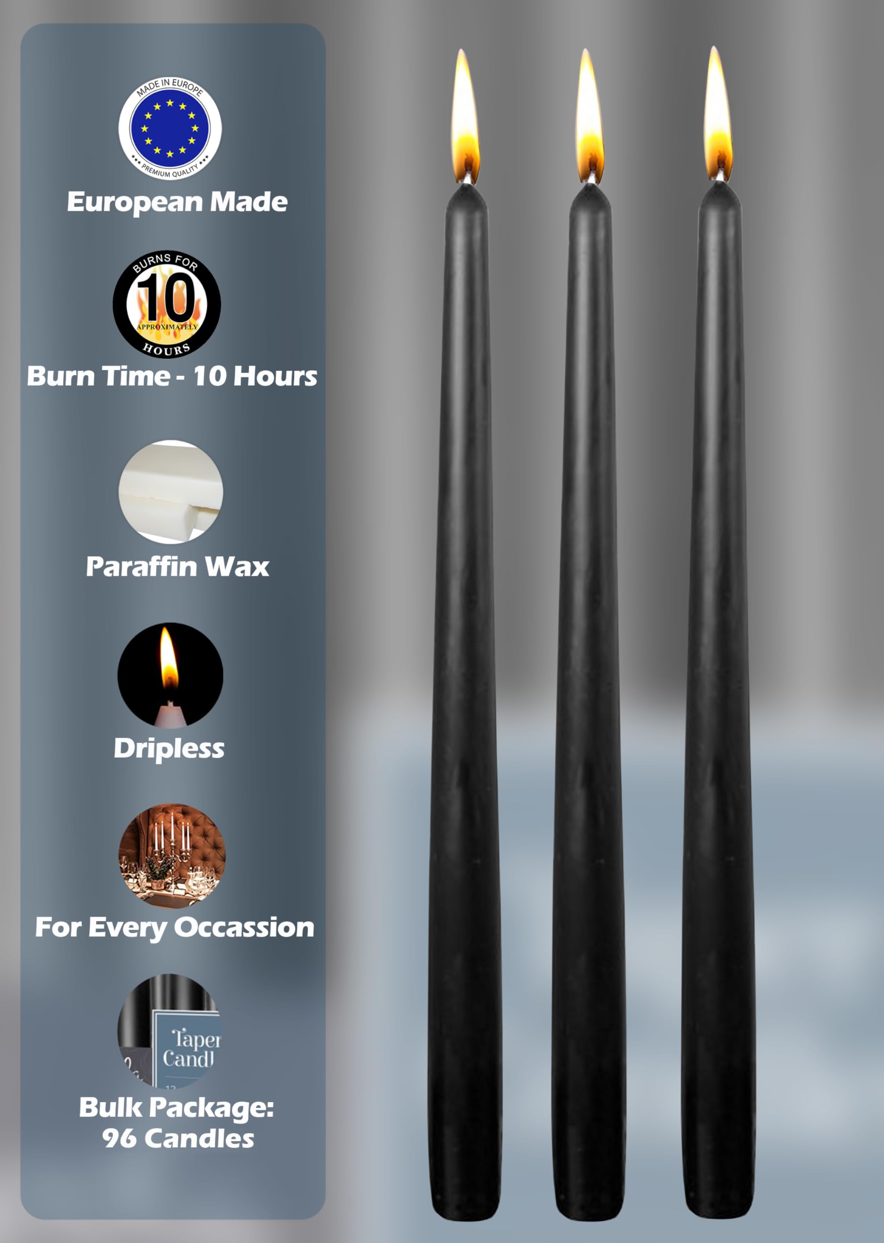 Hyoola 12 Inch Black Unscented Dripless Taper Candles Bulk Pack of 96 - Long-Lasting 10 Hour Burn Time - Perfect for Weddings, Dinner Parties, and Home Decor