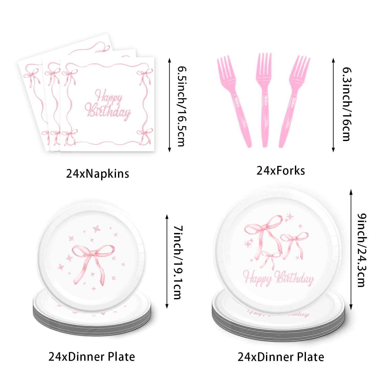 96Pcs Pink Bow Birthday Party Decorations Set - Coquette Theme Tableware Includes Napkins, Plates & Forks - Perfect for Girls Birthday Party, Baby Shower, Bridal Shower & Themed Events