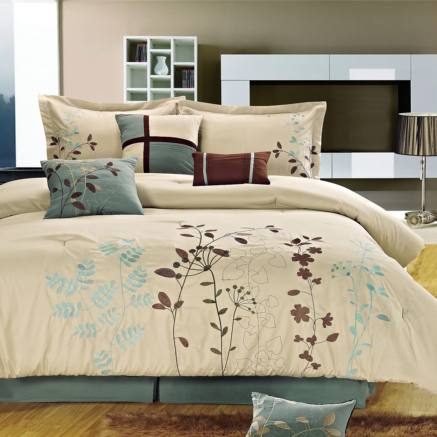 Bliss Garden Beige Comforter Set Queen Size 12-Piece Bed in a Bag with Sheet Set | Soft Luxury Bedding for Master Bedroom, Guest Room & Dorm Decor