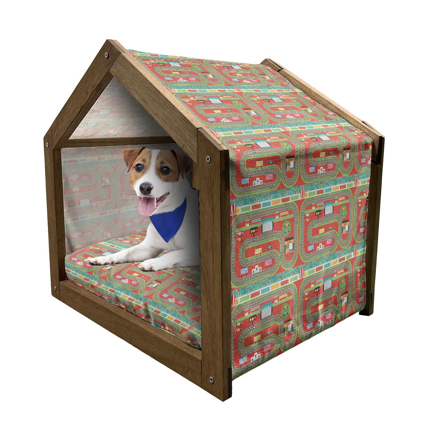 Ambesonne Wooden Pet House for Dogs - Car Race Track Design with Roadway Activity, Racing Competition Facilities & Bleacher Audience - Indoor & Outdoor Portable Dog Kennel with Pillow & Cover - Medium Size Multicolor - Perfect for Pet Playtime & Home Decor