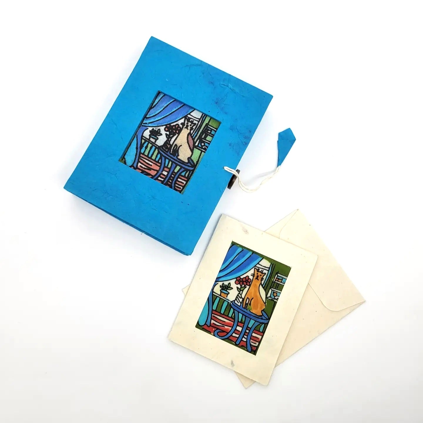 Batik Box and Mini Cat Greeting Card Set - Handmade Batik Art Cards for Birthdays, Thank You, and Special Occasions