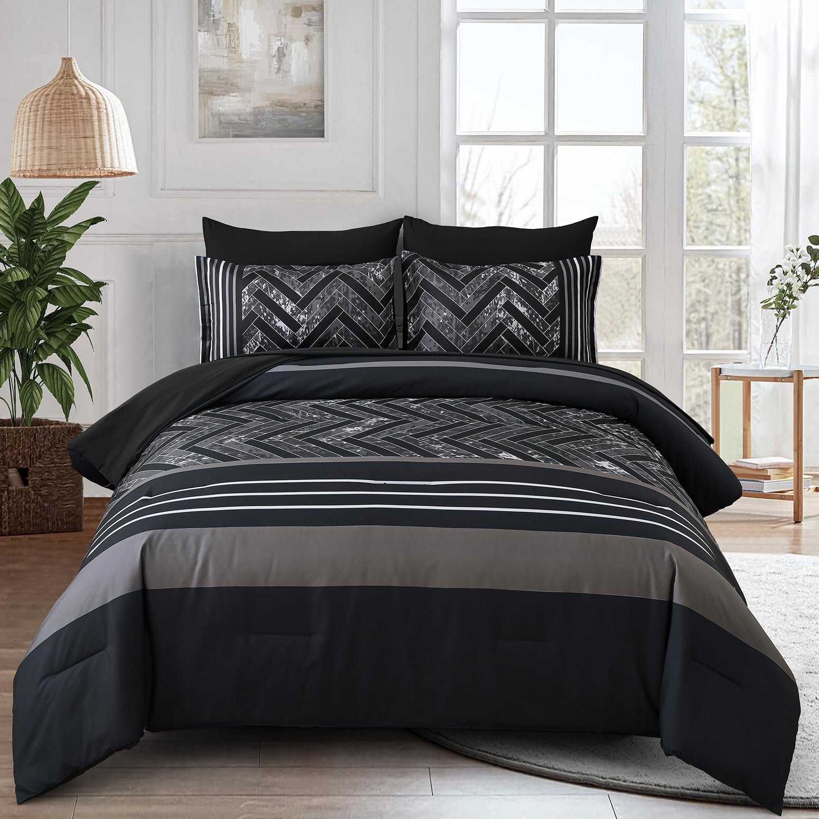 Luxudecor Black Queen Size 7-Piece Comforter Set - Geometric Stripe Bed in a Bag with Soft Microfiber Sheets | All-Season Complete Bedding Set for Cozy Bedroom Decor & Guest Room Essentials