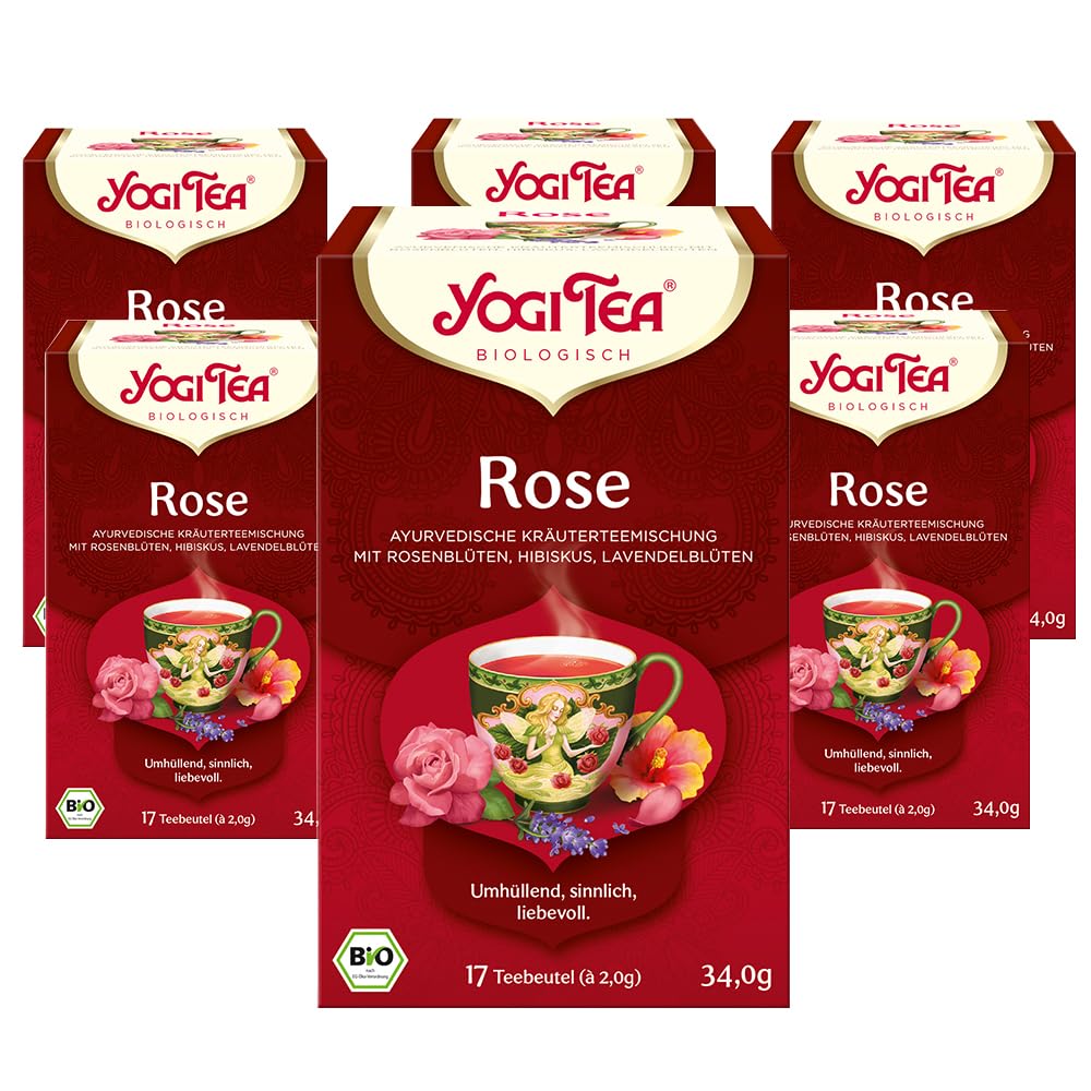Organic Yogi Rose Herbal Tea - Ayurvedic Spiced Tea Blend with Rose, Hibiskus & Lavender Flowers, 6x17 Bags (102 Tea Bags Total) - Perfect for Relaxation, Stress Relief & Evening Wellness Rituals