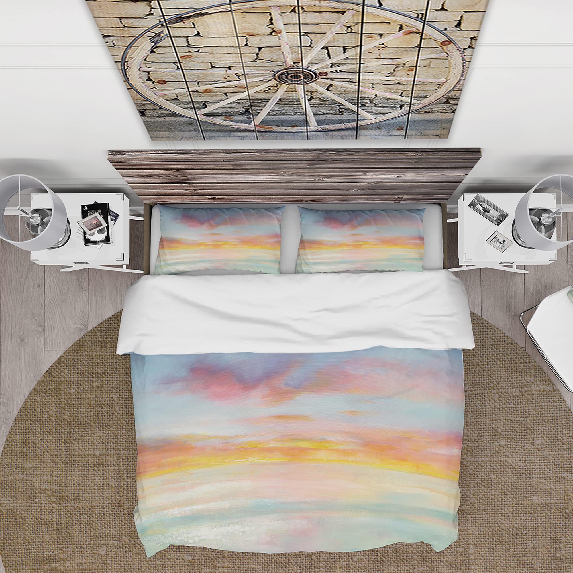 Pastel Pink Blue Clouds Duvet Cover Set King - Nautical Coastal Bedding for All Seasons