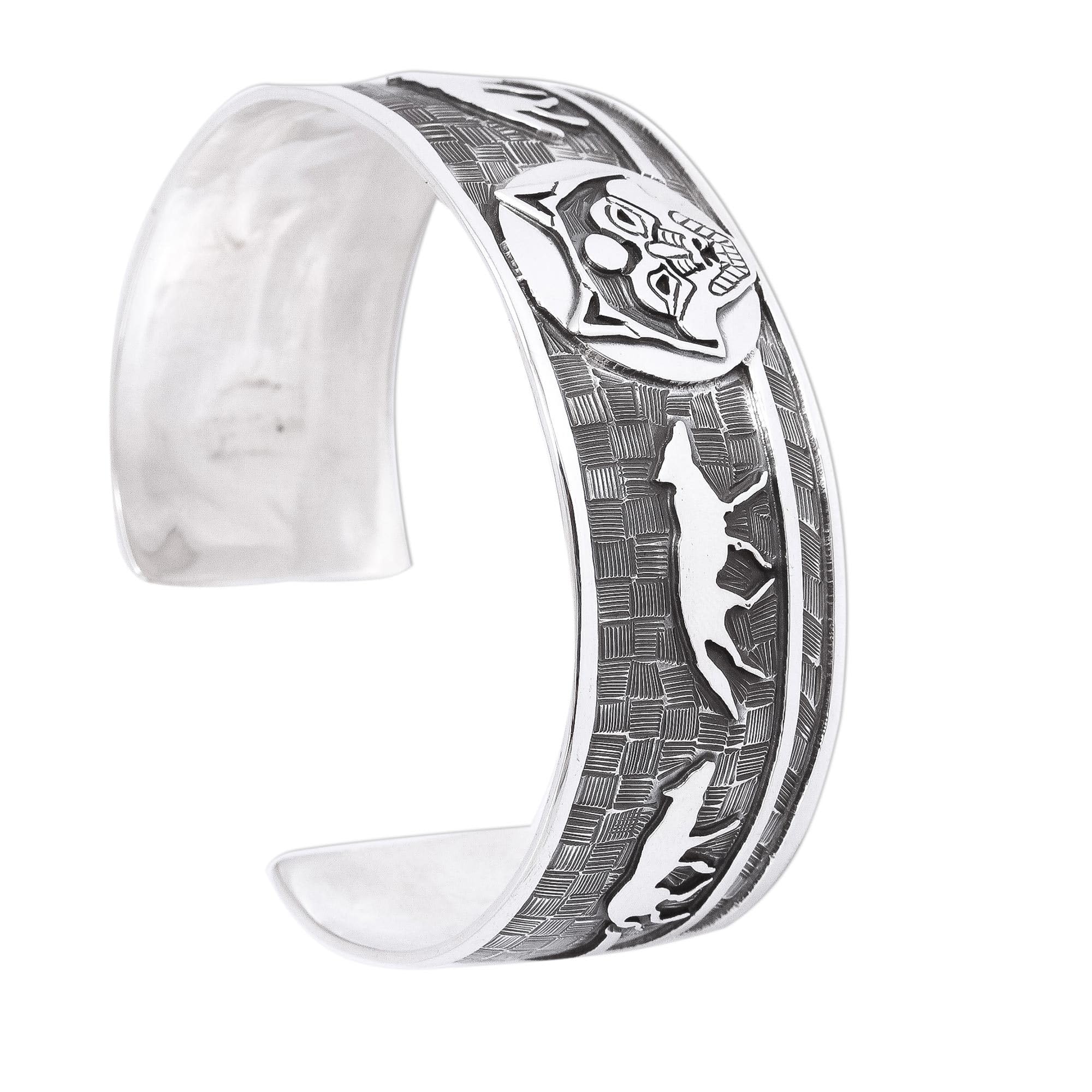 Handmade Sterling Silver Cuff Bracelet - Taxco Wolf Design from Mexico - Animal Themed Jewelry - 6.5 Inch Length - Perfect for Boho Fashion & Gift Giving