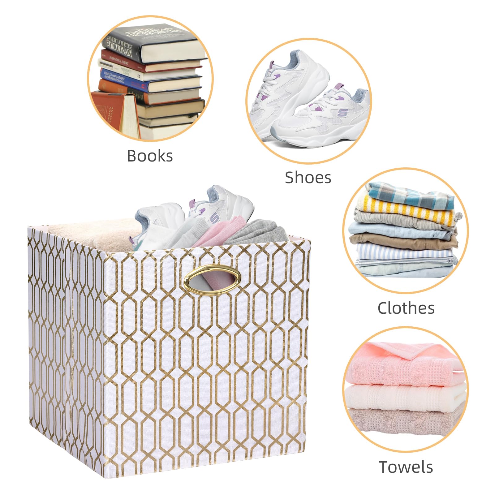 13x13x13 Collapsible Fabric Storage Cube Bins - 4 Pack Organizer Baskets for Shelves, Closet, Wardrobe, Bookshelf & Cabinet - White & Shiny Gold | Perfect for Home Organization, Kids Room & Office Storage