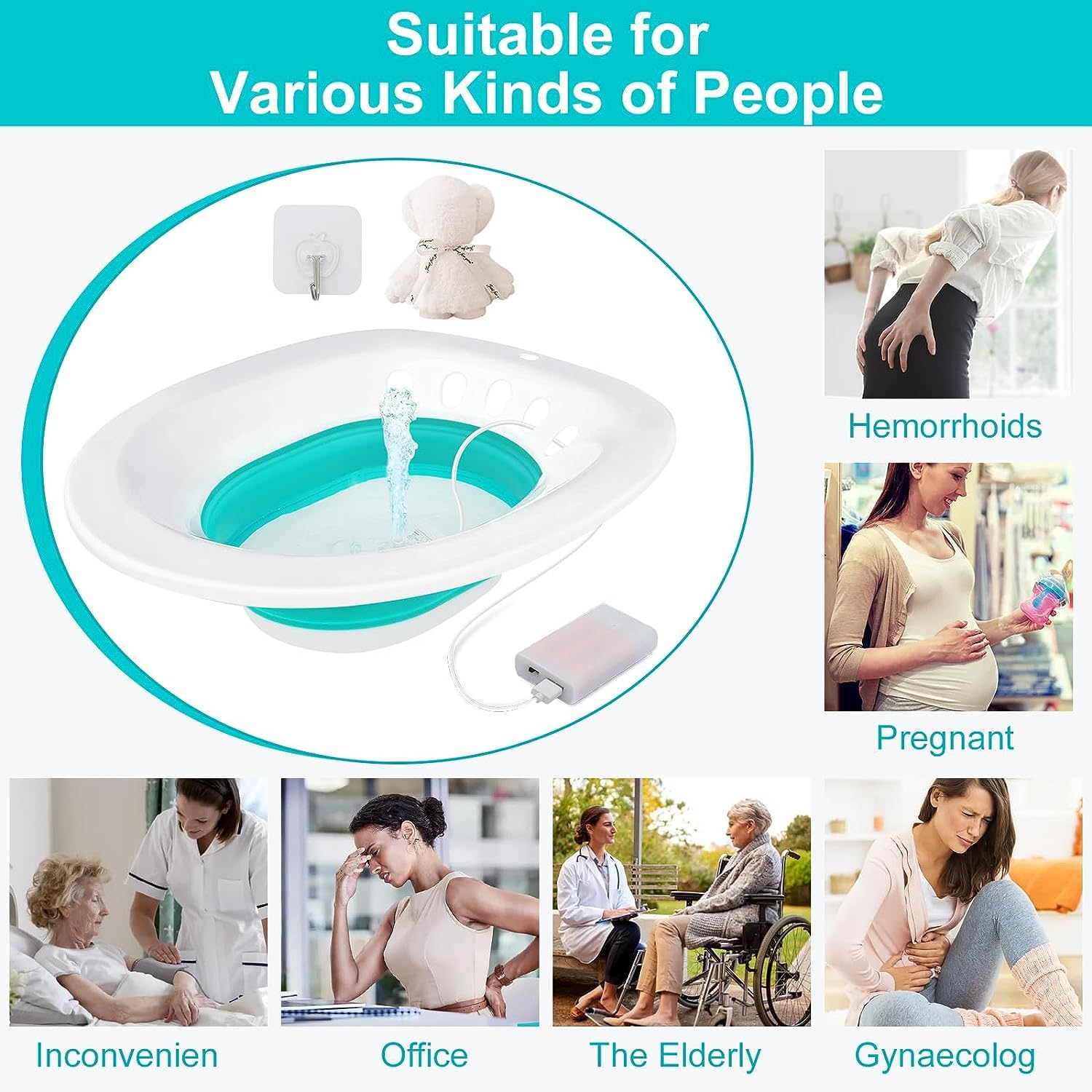 Electric Sitz Bath for Hemorrhoids & Postpartum Care - Foldable, Universal Toilet Seat Fit with Automatic Flushing - Perfect for Women's Recovery & Hygiene at Home