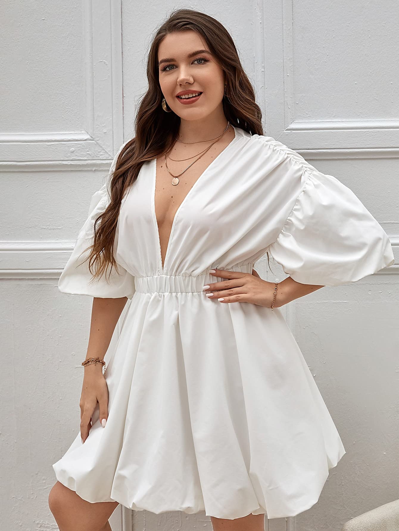 WDIRARA Women's Plus Size Deep V Neck Puff Lantern Sleeve Flowy Flare A-Line Mini Dress - Elegant Party, Wedding Guest & Casual Summer Outfit