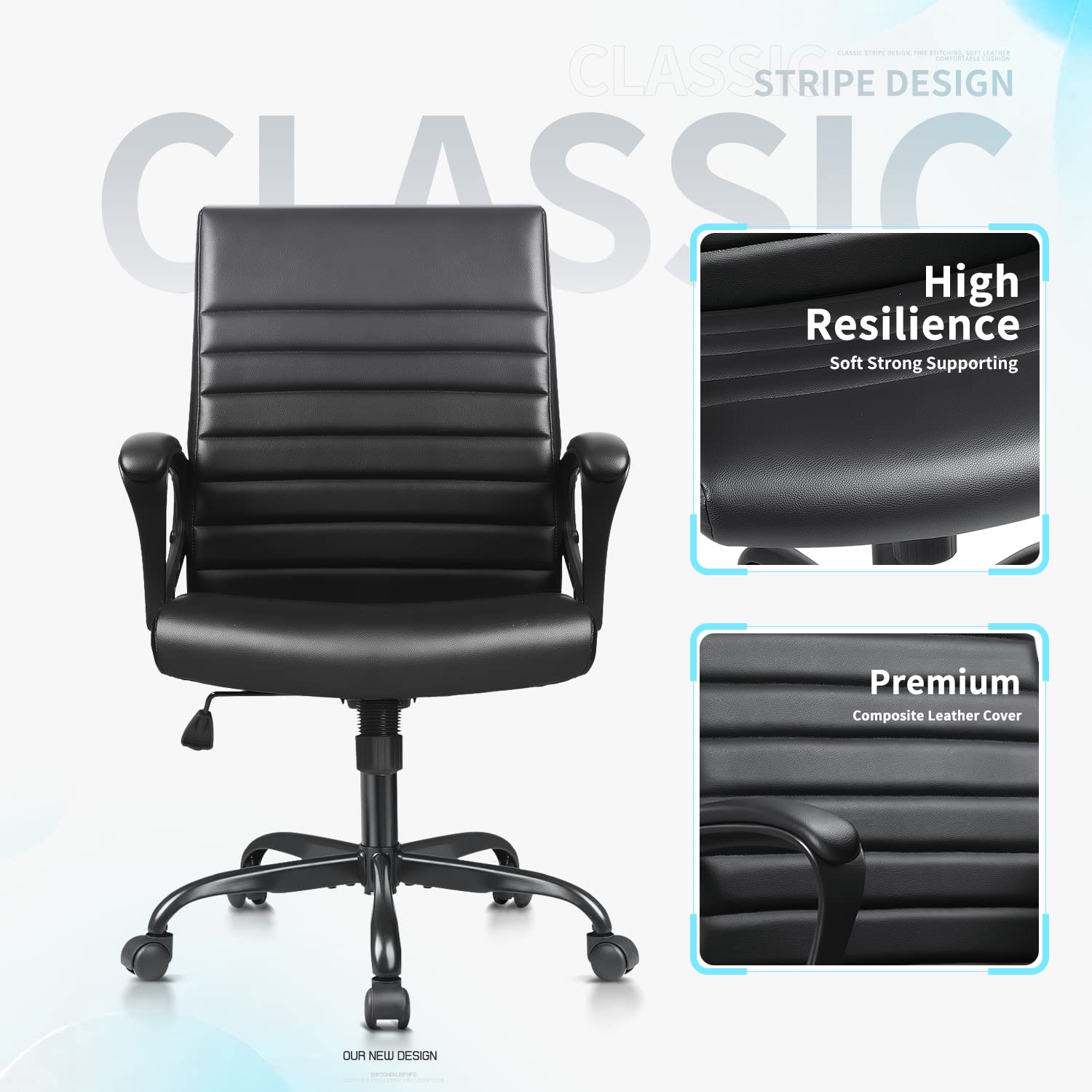 Devoko Mid Back Office Chair - PU Leather Executive Desk Chair with Padded Arms, Swivel & Rolling Wheels - Ergonomic Computer Task Chair for Home & Office Workspace (Black) - Perfect for Long Hours of Sitting, Gaming, and Remote Work