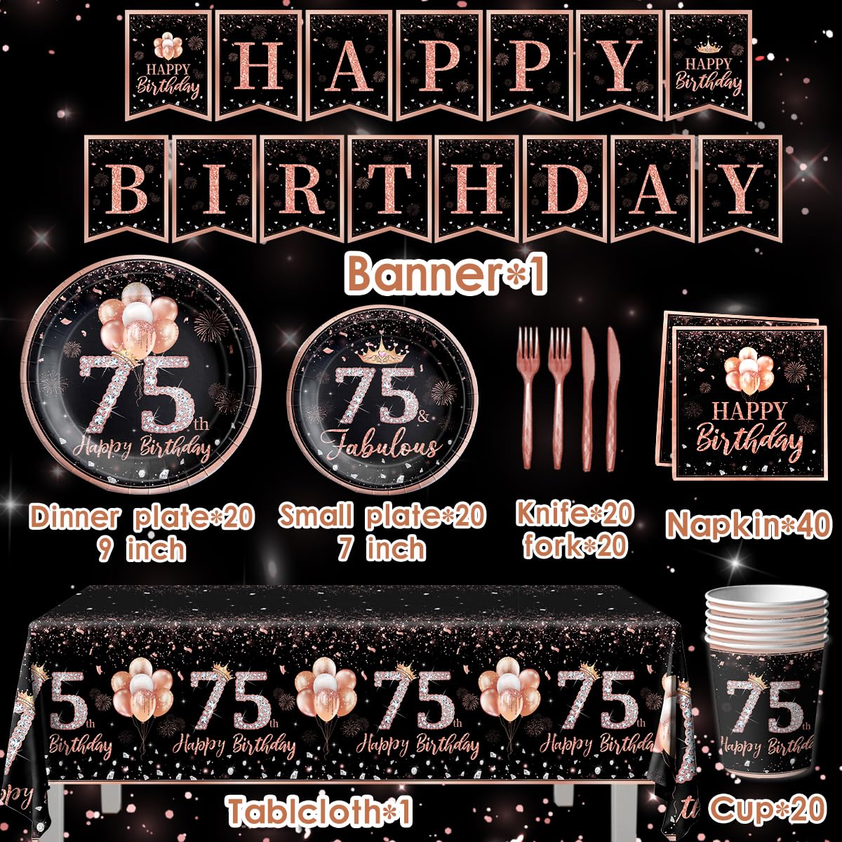 142Pcs Rose Gold 75th Birthday Party Tableware Set - Disposable Tablecloth, Plates, Napkins, Cups, Forks & Knives for Women's 75 Years Old Celebration - Perfect for Themed Birthday Decorations & Party Supplies