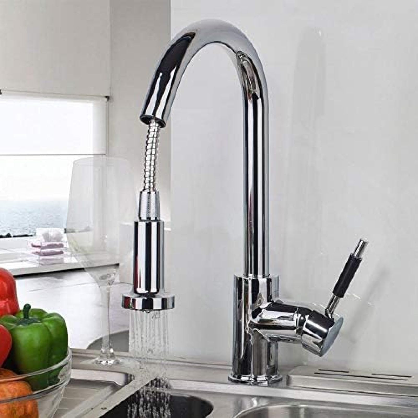 CRJUS Dual Function Solid Brass Pull-Out Kitchen Faucet with Swivel Spout - High Pressure Water Power for Vessel Sink, Bathroom & Kitchen Use - Perfect for Washing Dishes, Filling Pots & Cleaning Countertops