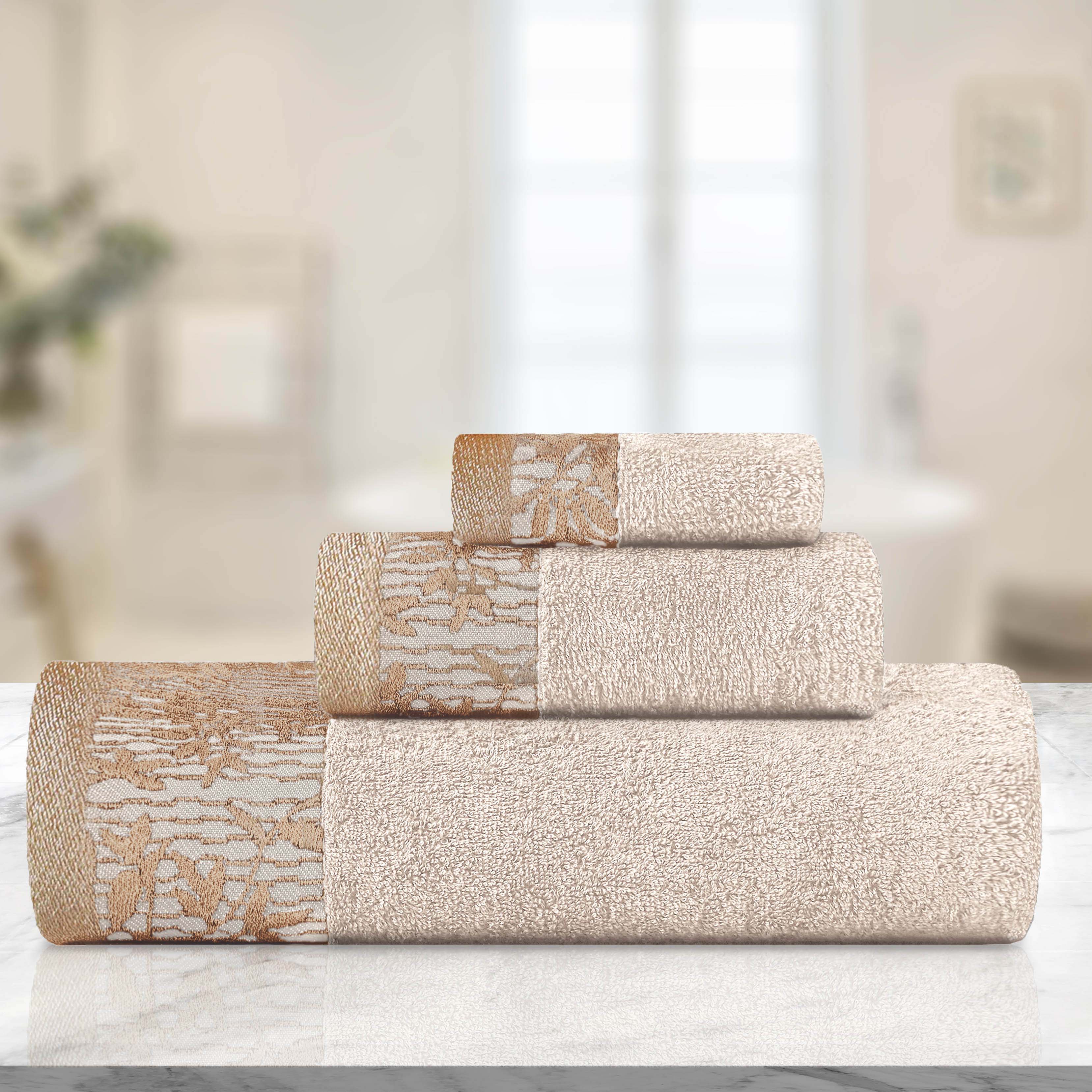 Wisteria Cotton Floral Embroidered Jacquard Border 3-Piece Bath Towel Set - Soft & Absorbent for Bathroom, Spa, and Guest Use