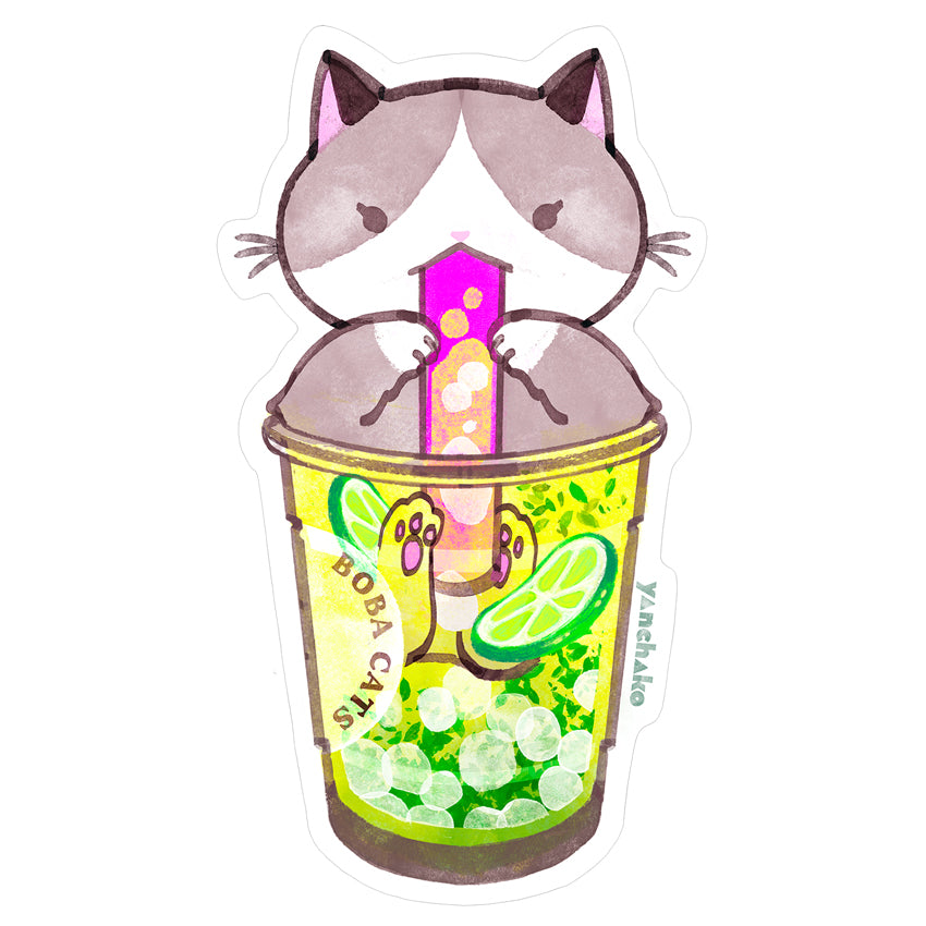 Boba Cat Dancing Mojito Vinyl Sticker - Cute Kawaii Cat Decal for Laptops, Water Bottles & Phone Cases - Perfect for DIY Crafts, Scrapbooking & Gift Giving