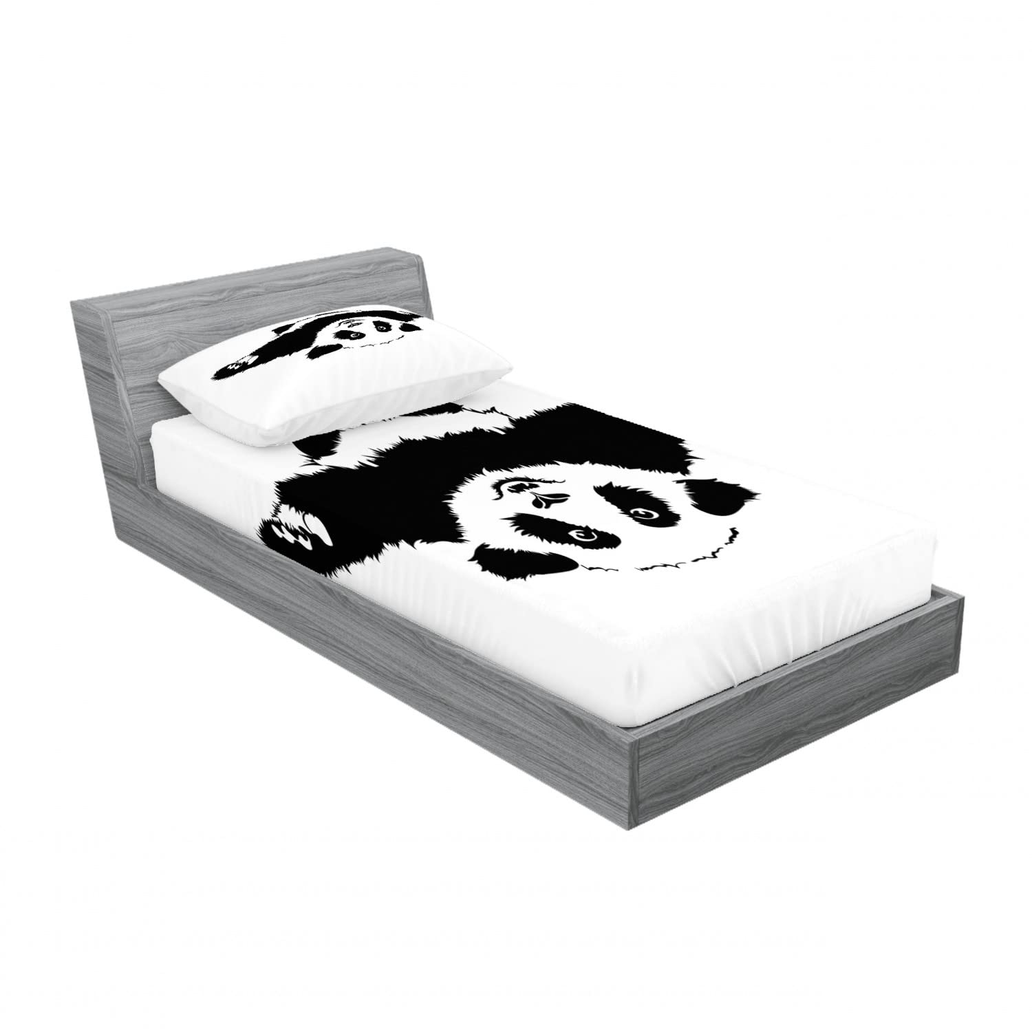 Ambesonne 2-Pack Panda Hug Twin Fitted Sheet & Pillow Sham Set - 4 Piece Black & White Animal Print Bedding Decor for Kids & Teens - Perfect for Dorm Rooms, Sleepovers & Cozy Bedroom Makeovers
