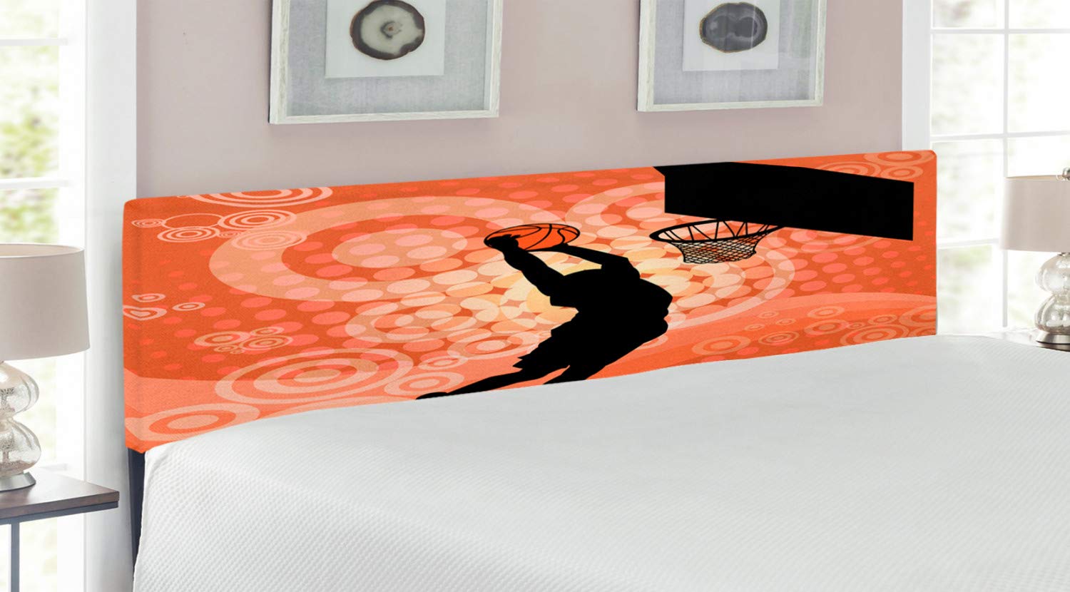 Ambesonne King Size Basketball Player Silhouette Upholstered Headboard - Decorative Metal Bed Frame with Memory Foam in Pale Orange & Black | Perfect for Sports Fans Bedroom, Game Room Decor, and Basketball Theme Nursery