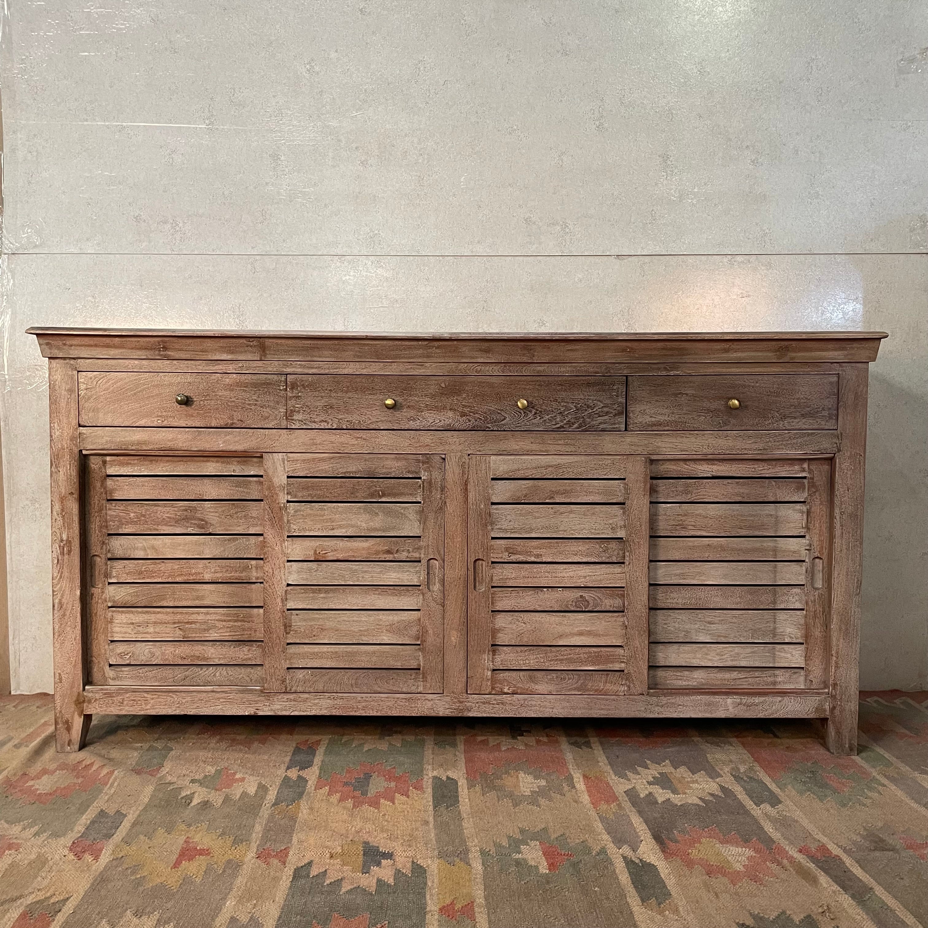 Handmade Reclaimed Wood Indian Furniture - Carved White Shutter Doors with 4 Drawers (183x40x90cm) - Vintage Home Decor for Living Room, Bedroom & Office
