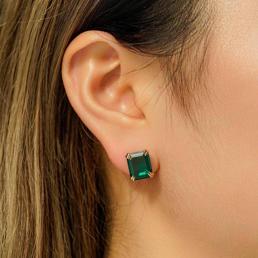 10 Ctw Double Prong Set Emerald Cut Stud Earrings - Genuine Green Gemstone Jewelry for Women - Perfect for Weddings, Parties & Special Occasions