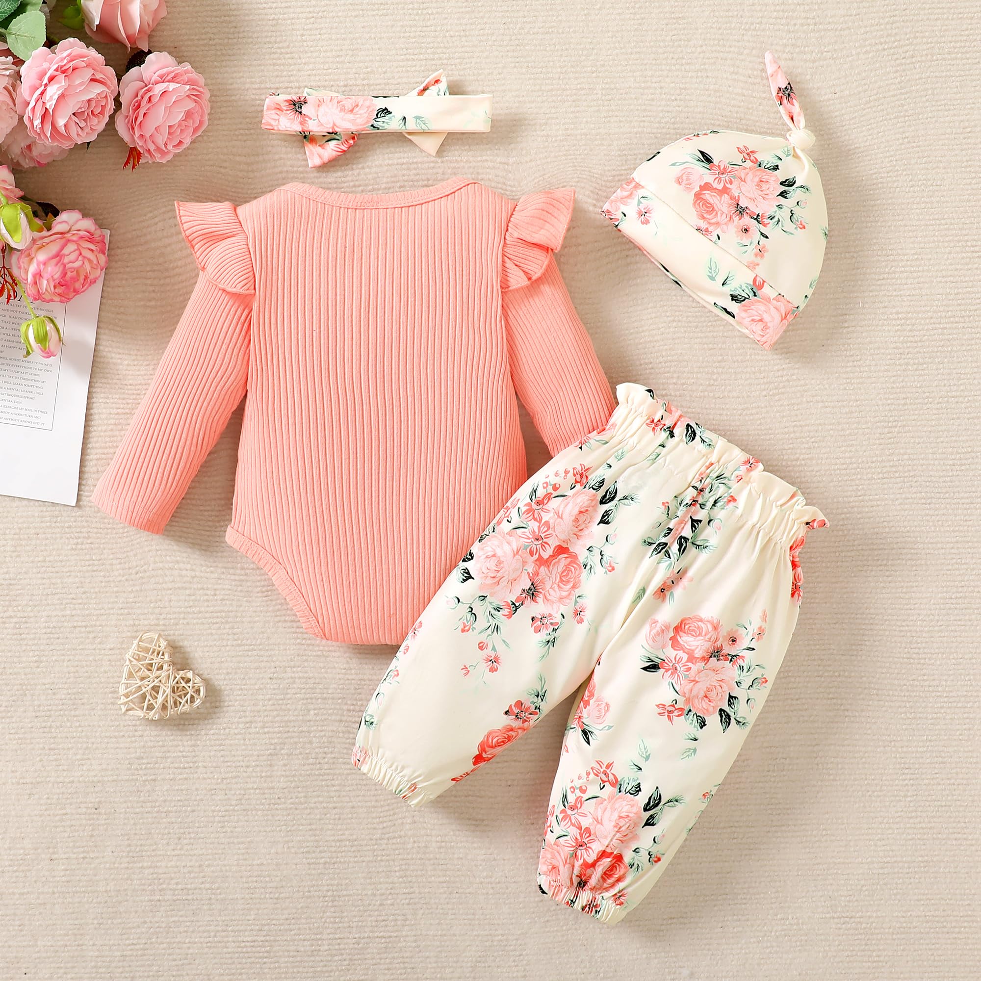 Newborn Baby Girl Clothes Set - Floral Romper & Pants with Headband | Winter Outfit for Infants 0-3 Months | Photo Shoots, Family Gatherings & Daily Wear