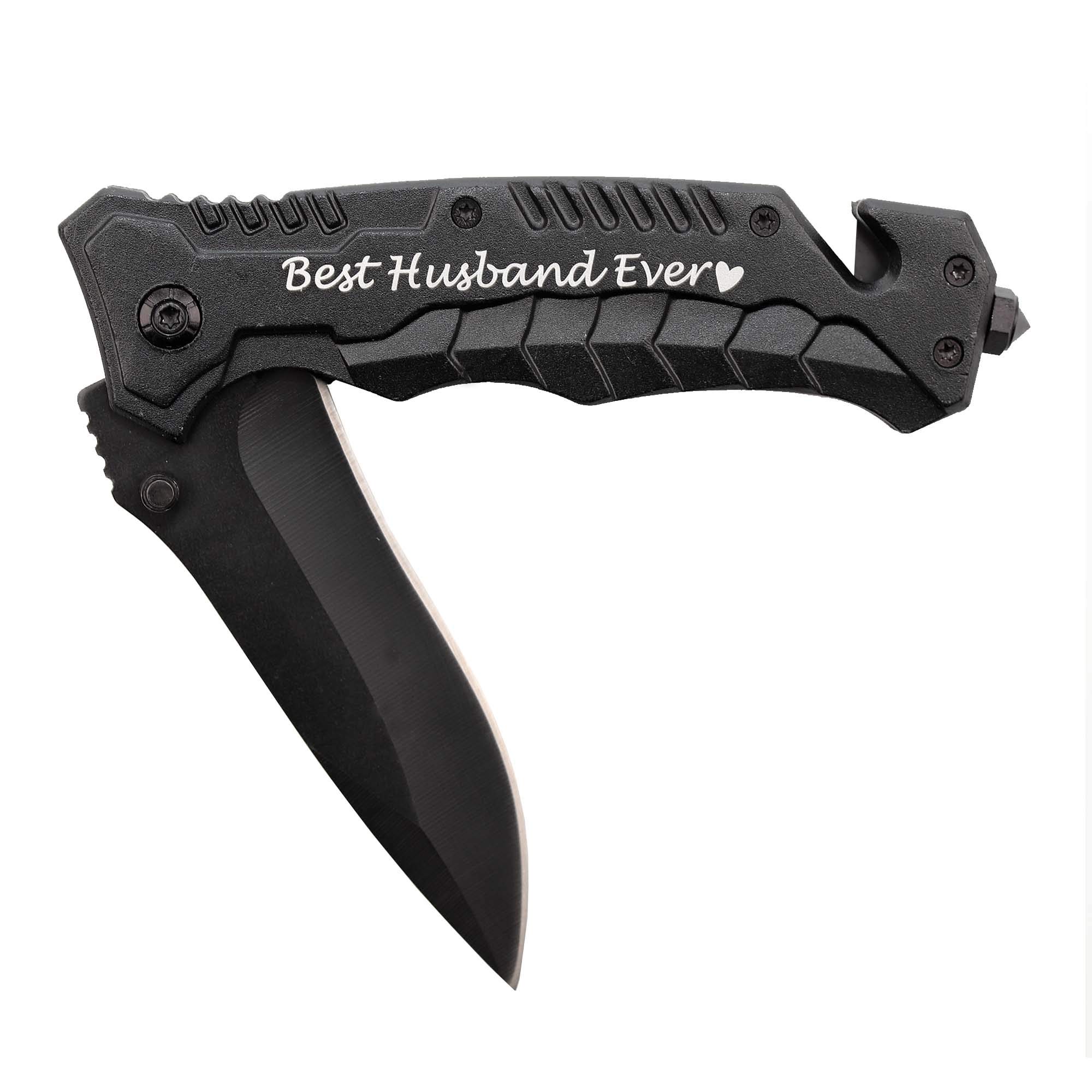 Engraved Black Folding Pocket Knife with Glass Breaker & Seatbelt Cutter - Perfect Gift for Husband's Birthday, Anniversary & Valentine's Day - Outdoor & Emergency Use