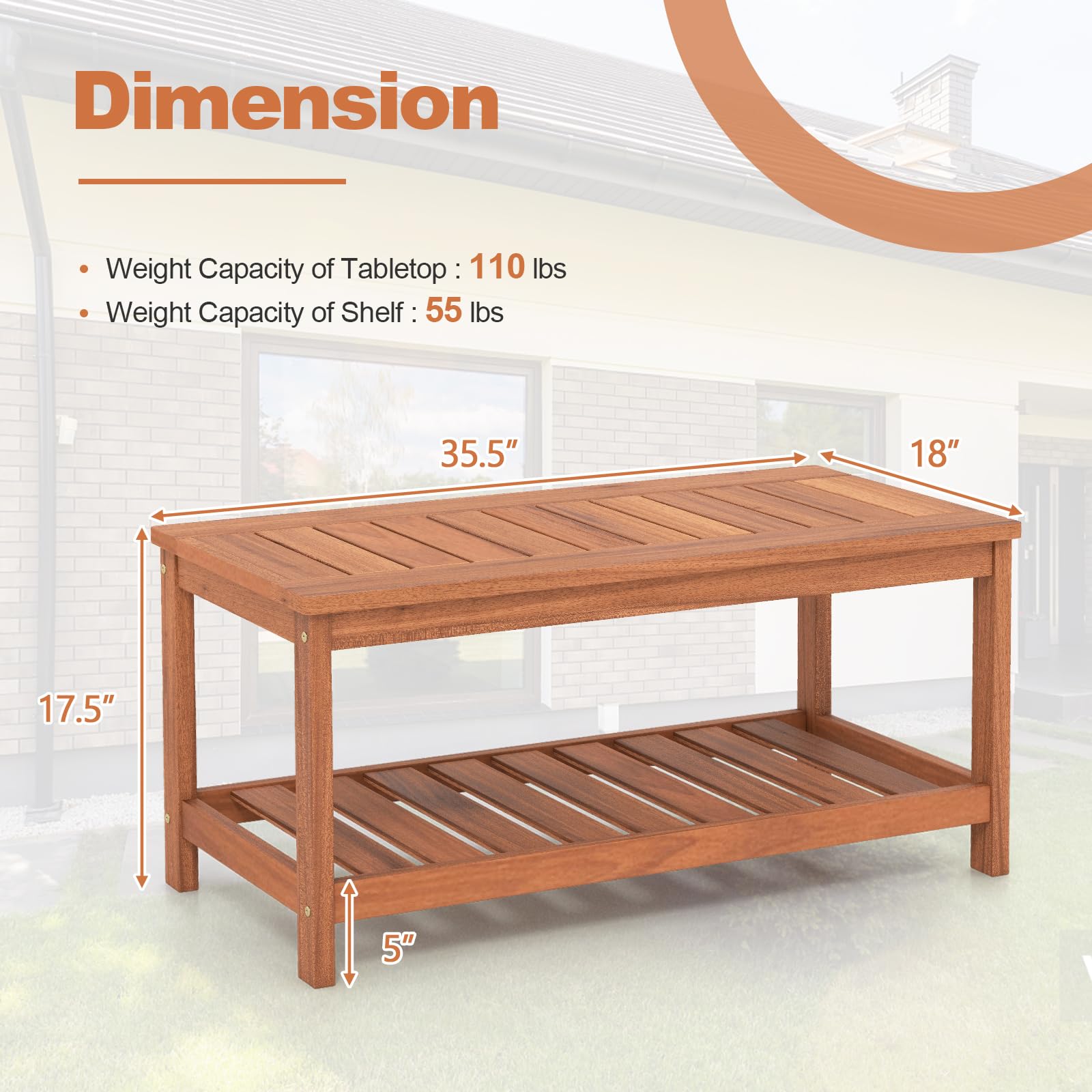 Giantex Hardwood Patio Coffee Table - 2-Tier Wooden Coffee Table with Slatted Tabletop & Storage Shelf, Outdoor Rectangular Center Table for Backyard, Garden, Poolside, Balcony & Indoor, Walnut - Perfect for Outdoor Gatherings, BBQ Parties, and Relaxing by the Pool