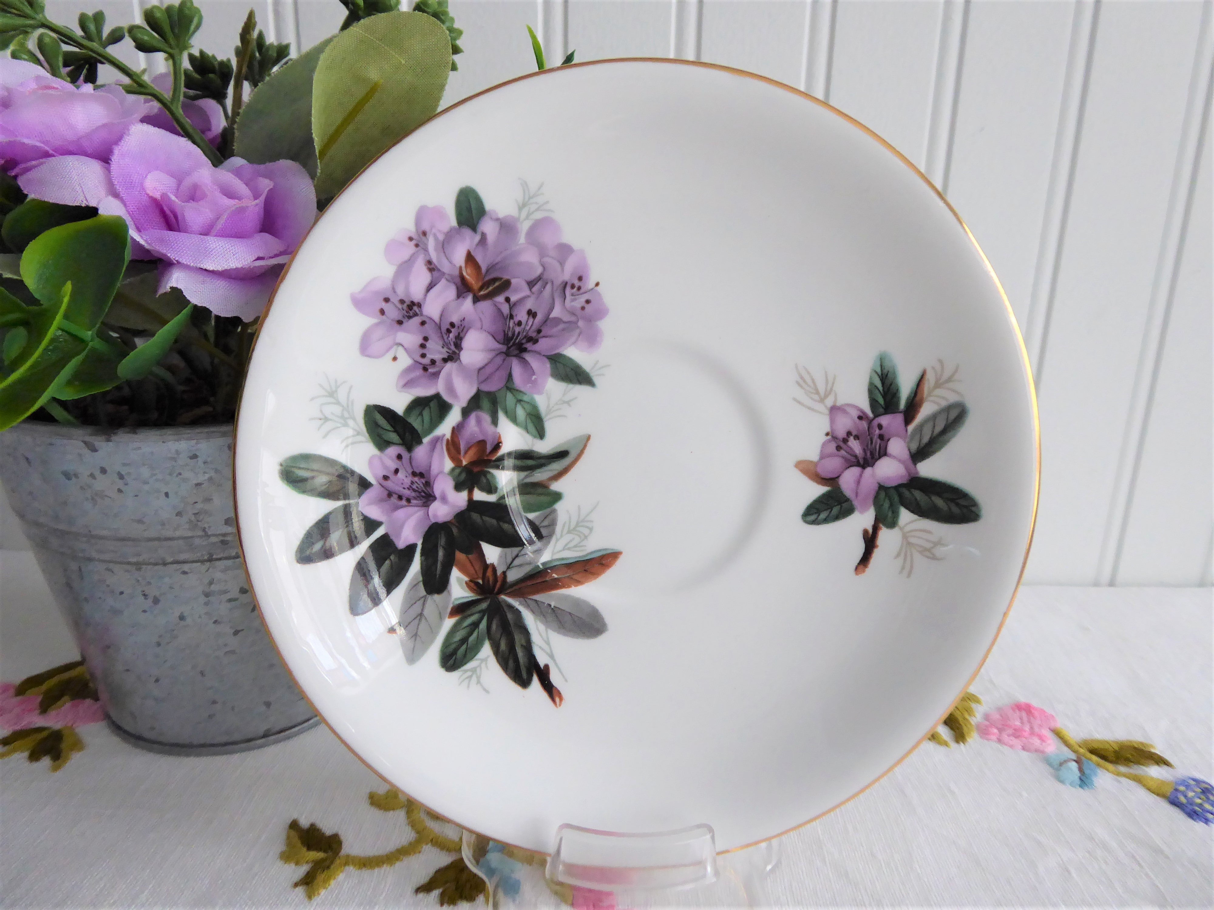 Vintage 1960s English Bone China Cup and Saucer Set with Lavender Azaleas & Rhododendrons Floral Pattern - Perfect for Afternoon Tea, Collectible Tableware, and Gift Giving