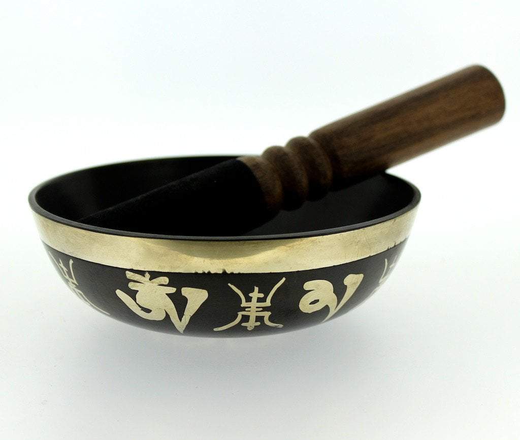 5 Inch Black Om Mani Bowl - Handcrafted Tibetan Singing Bowl for Meditation, Yoga & Relaxation - Perfect for Home, Office & Spiritual Practices