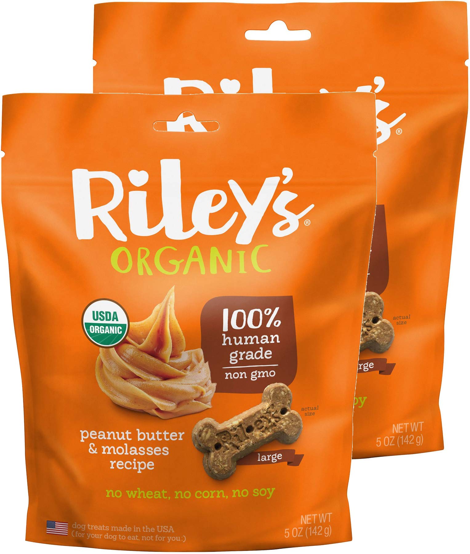 Riley's Organics Peanut Butter & Molasses Large Bone Dog Treats 2 Pack (5 oz Each) - Natural & Healthy Chew Treats for Medium & Large Dogs - Perfect for Training, Rewards & Dental Health