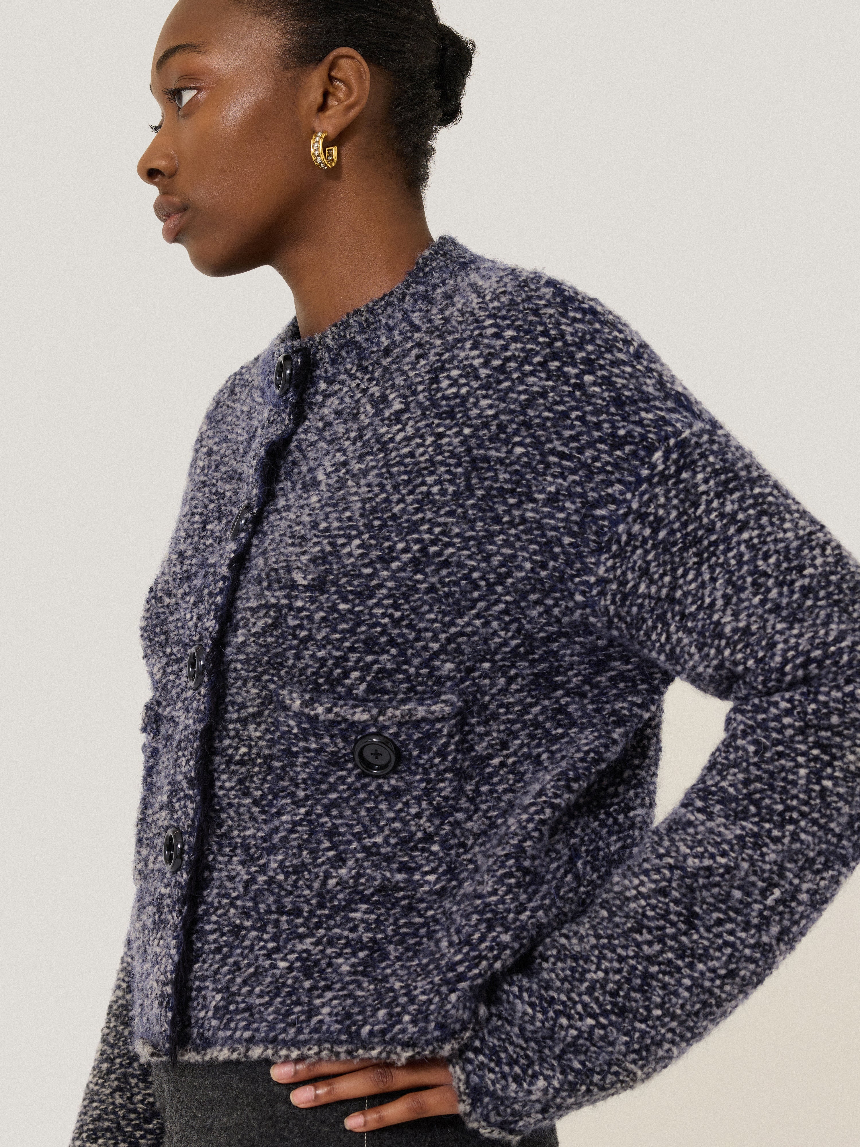French Tweed Cardigan Jacket for Women - Classic Navy Blue Knit Blazer Coat | Perfect for Office Wear, Business Casual, and Fall Layering