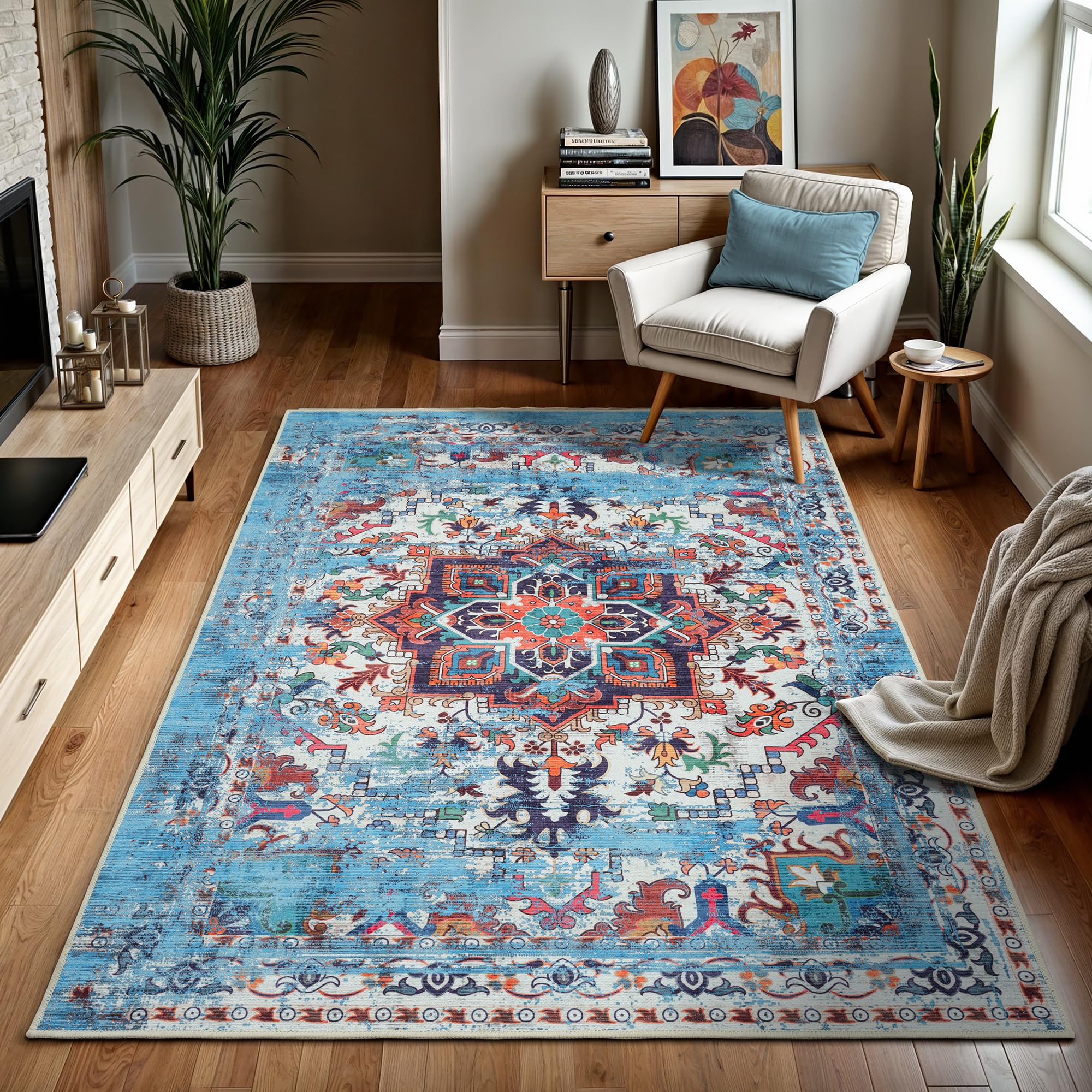 GLN Traditional Collection - Machine Washable Non-Slip Low Pile Chenille Area Rug for Living Room, Bedroom & Kitchen - 7'10