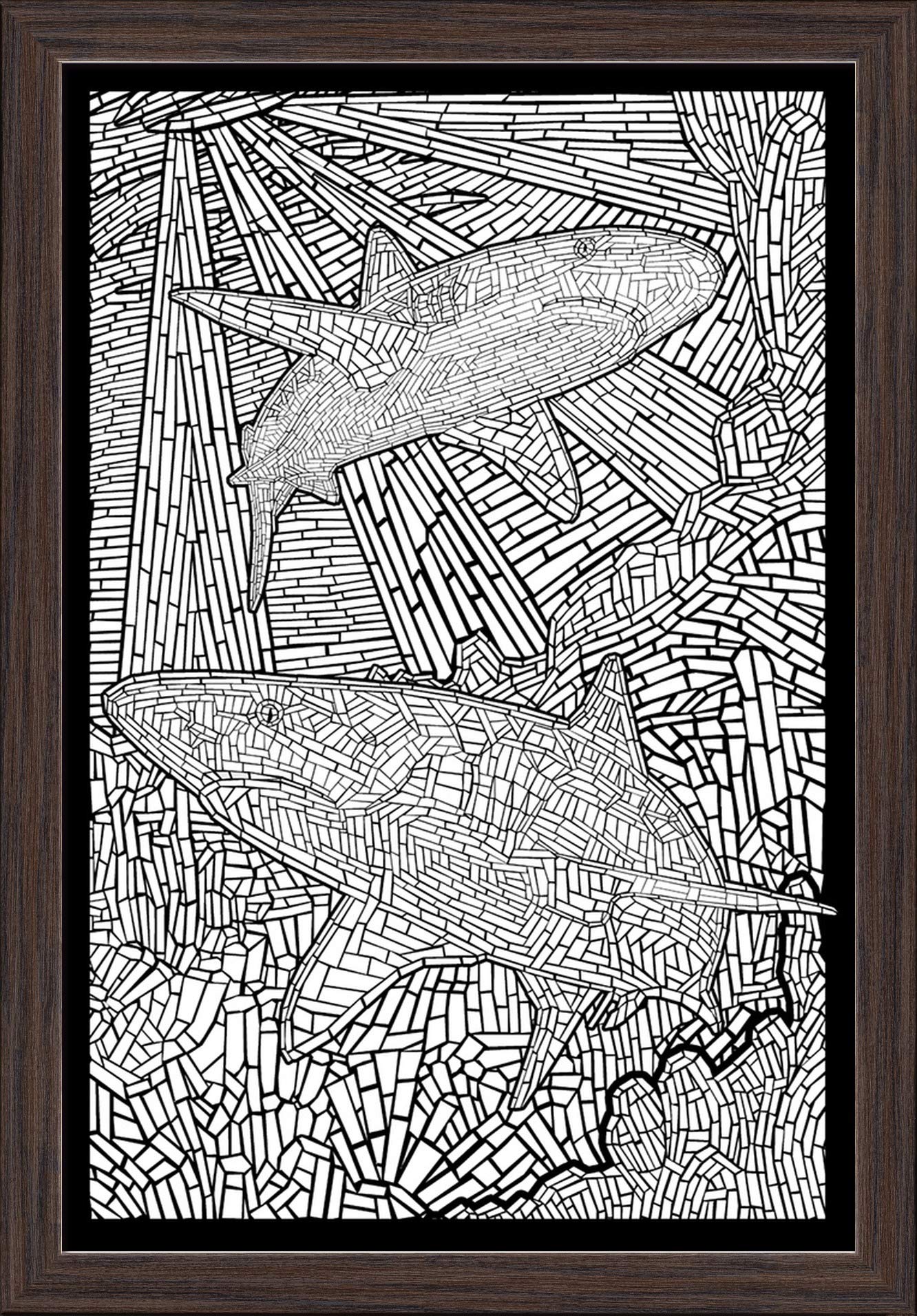 Black Tip Reef Shark Coloring Book - 16x24 Inch Giclee Fine Art Print with Recycled Wood Frame in Espresso Brown - Perfect for Kids' Art Activities & Ocean-Themed Room Decor