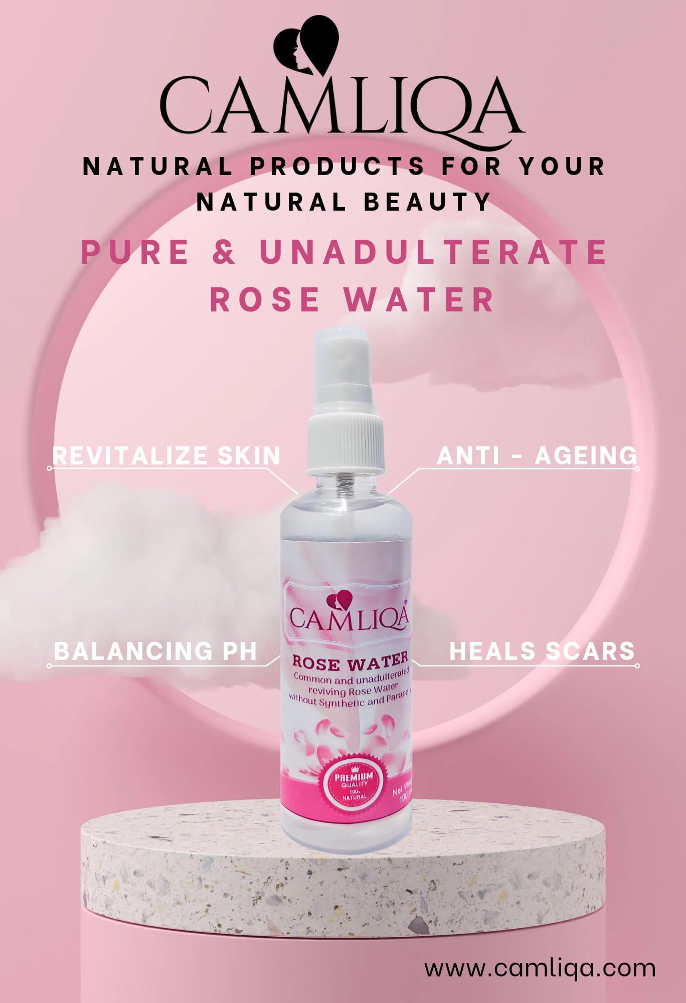 Camliqa 100% Pure Natural Rose Water - 100ml (3.4oz) | Alcohol-Free Facial Toner & Hydrating Mist for Skin Care, Makeup Setting & Hair Refreshment | Vegan & Cruelty-Free