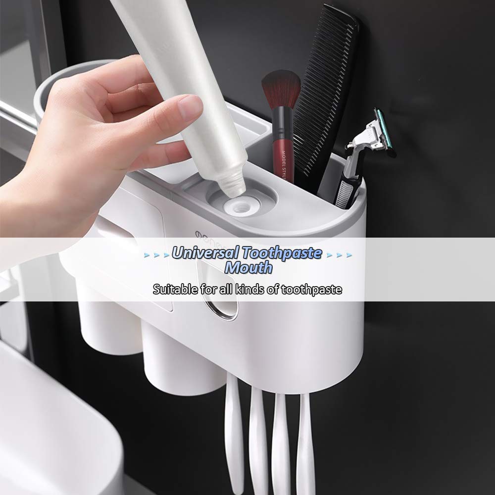 STRAWBLEAG Wall-Mounted Toothbrush Holder with Automatic Toothpaste Dispenser - 4 Toothbrush Slots, 2 Cups & Storage Drawer - Space Saving Bathroom Organizer for Home, Apartment, Dorm (White) - Perfect for Small Bathrooms and Family Use