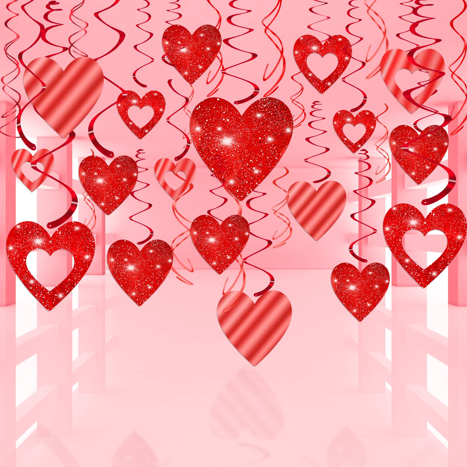 40-Pack Valentine's Day Glitter Heart Swirl Decorations - Hanging Ceiling Streamers for Wedding, Anniversary, Birthday & Bridal Shower Party Supplies - Romantic Home & Event Decor