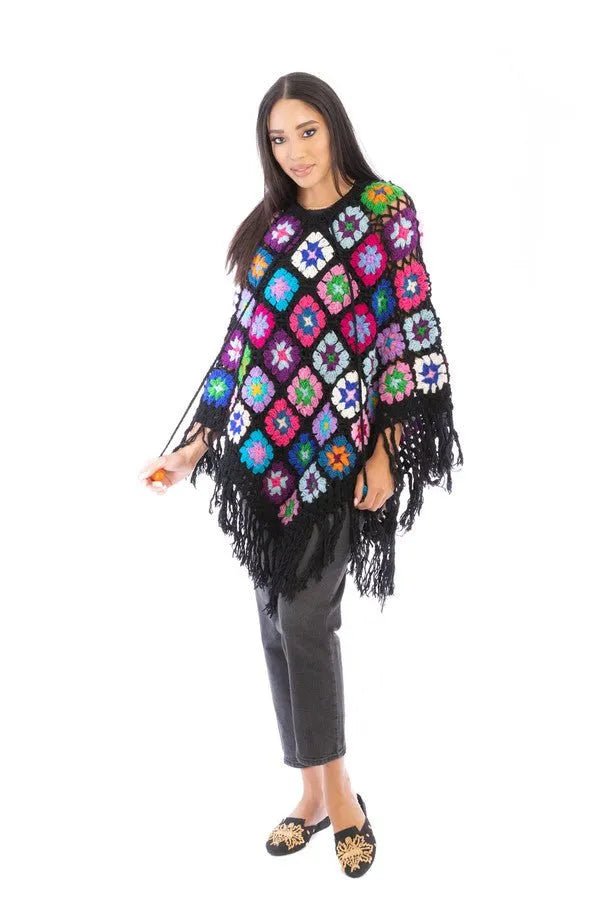 Stylish Crochet Fringe Sweater Poncho for Women - Boho Chic Knit Cardigan Wrap - Perfect for Fall Fashion, Beach Cover Up & Cozy Lounge Wear