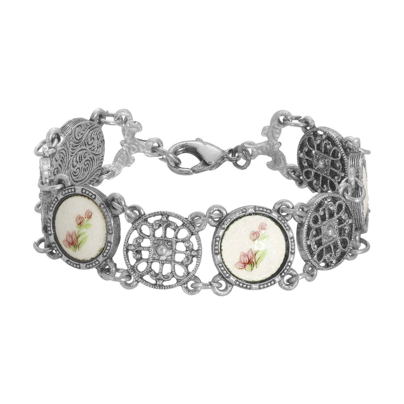 1928 Jewelry Meso Round Intricate Filigree Pink & White Stone Link Bracelet - Vintage Style Dainty Chain Bracelet for Women - Perfect for Weddings, Parties & Everyday Elegance