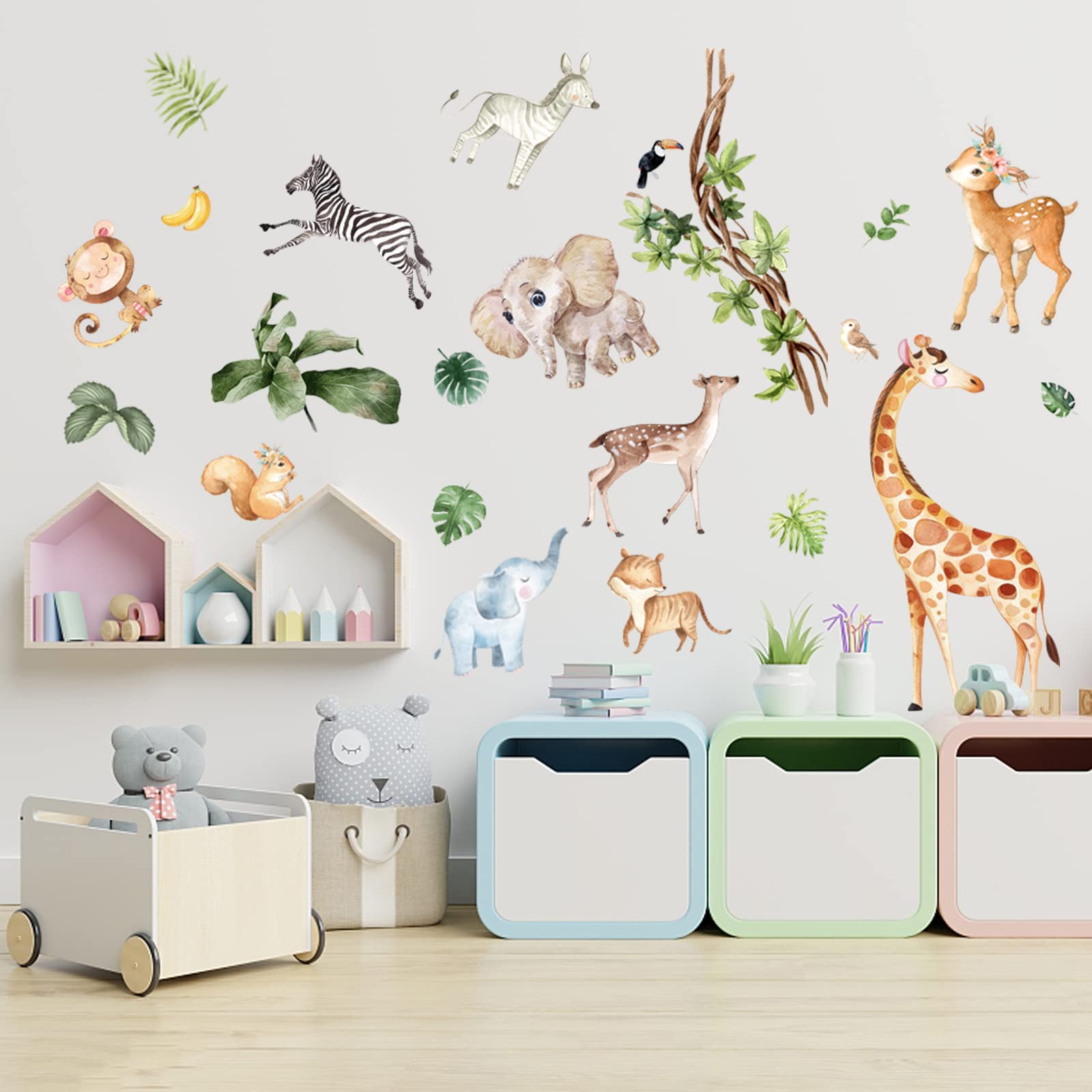 Jungle Wall Decals - Peel and Stick Floral Wall Stickers for Nursery, Kids Bedroom, Living Room & Playroom - Removable Home Wall Art Decor for Jungle Theme Party & Baby Shower Decorations