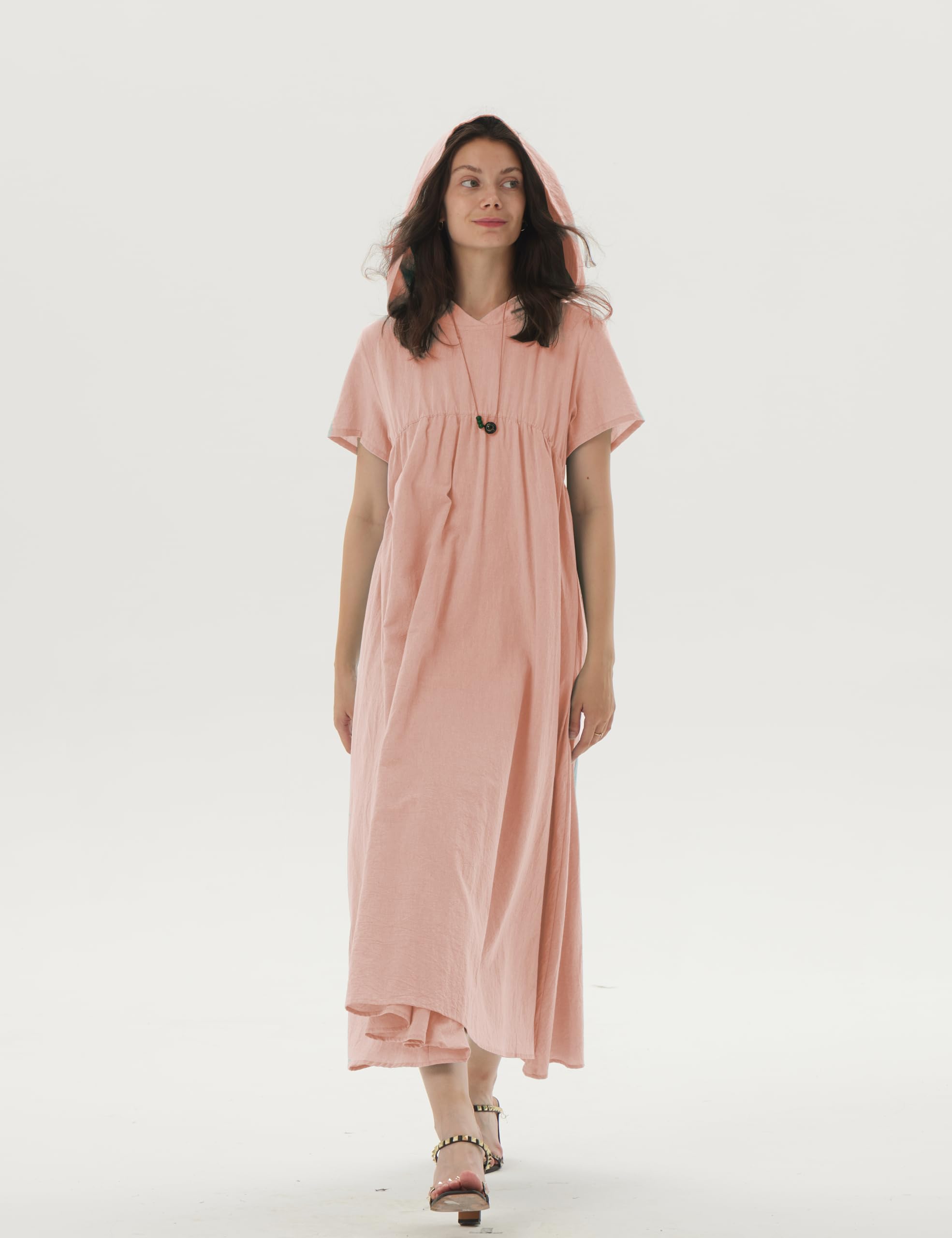 Women's Linen Hooded A-Line Maxi Dress with Pockets - Short Sleeve Casual Loose Fit Summer Dress (Size S, Peach) for Beach, Vacation & Everyday Wear