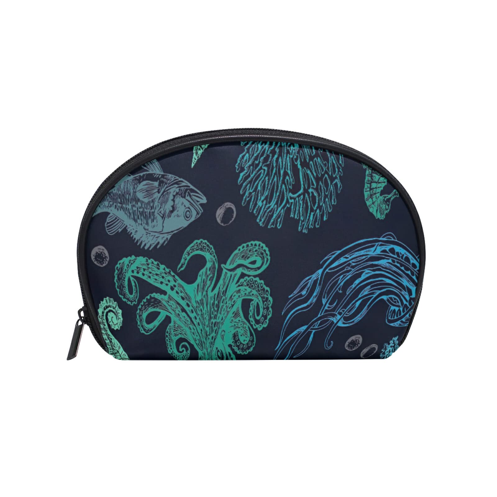 Waterproof Marine Animals Makeup Bag - Small Cosmetic Pouch for Travel, Purse & Daily Use | Cute Half Moon Design Makeup Organizer (Black) - Perfect for Beach Trips, Gym & On-the-Go Touch Ups