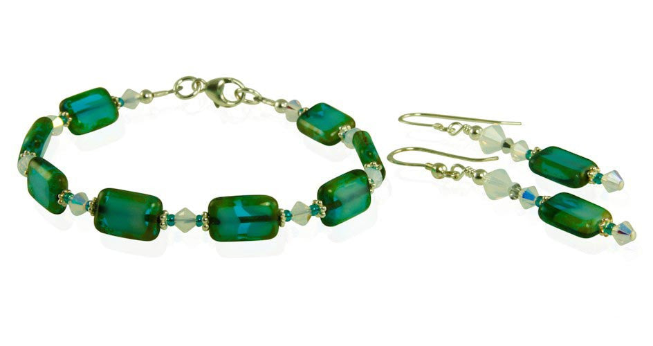 Opal Teal Green Czech Glass Window Bracelet Set - Handmade Boho Jewelry for Women, Gift for Her - Perfect for Weddings, Parties & Everyday Wear