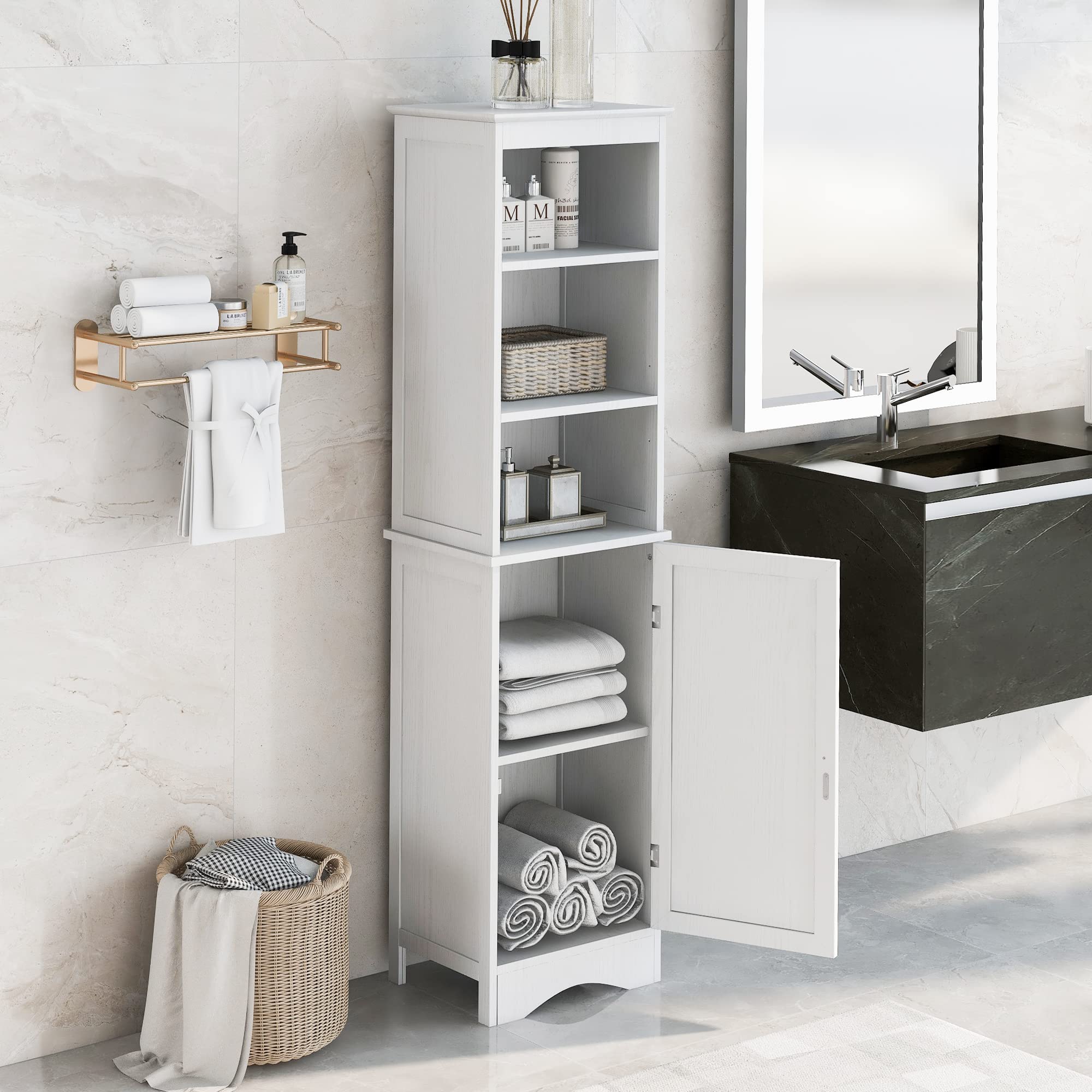LUKYRA Tall Bathroom Storage Cabinet - Freestanding Medicine Cabinet with Adjustable Shelves, White MDF Board - Perfect for Bathroom Organization, Bedroom Storage & Small Space Solutions