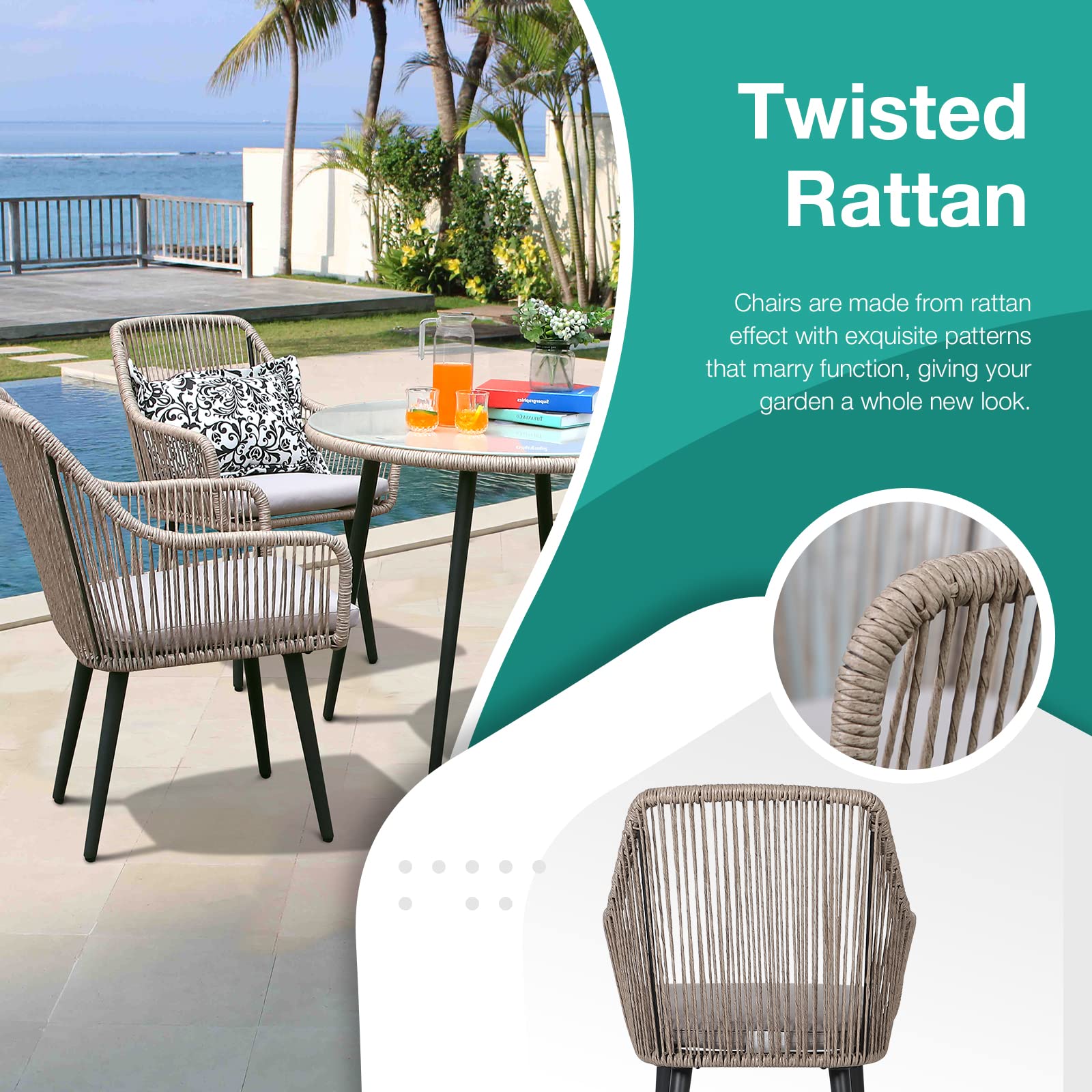 5-Piece Outdoor Patio Dining Set with All-Weather Wicker & Glass Table - Tan Rattan Furniture for Backyard, Garden, Poolside - Includes 4 Cushioned Chairs & Umbrella Hole - Perfect for Entertaining, BBQs, and Relaxing Outdoors