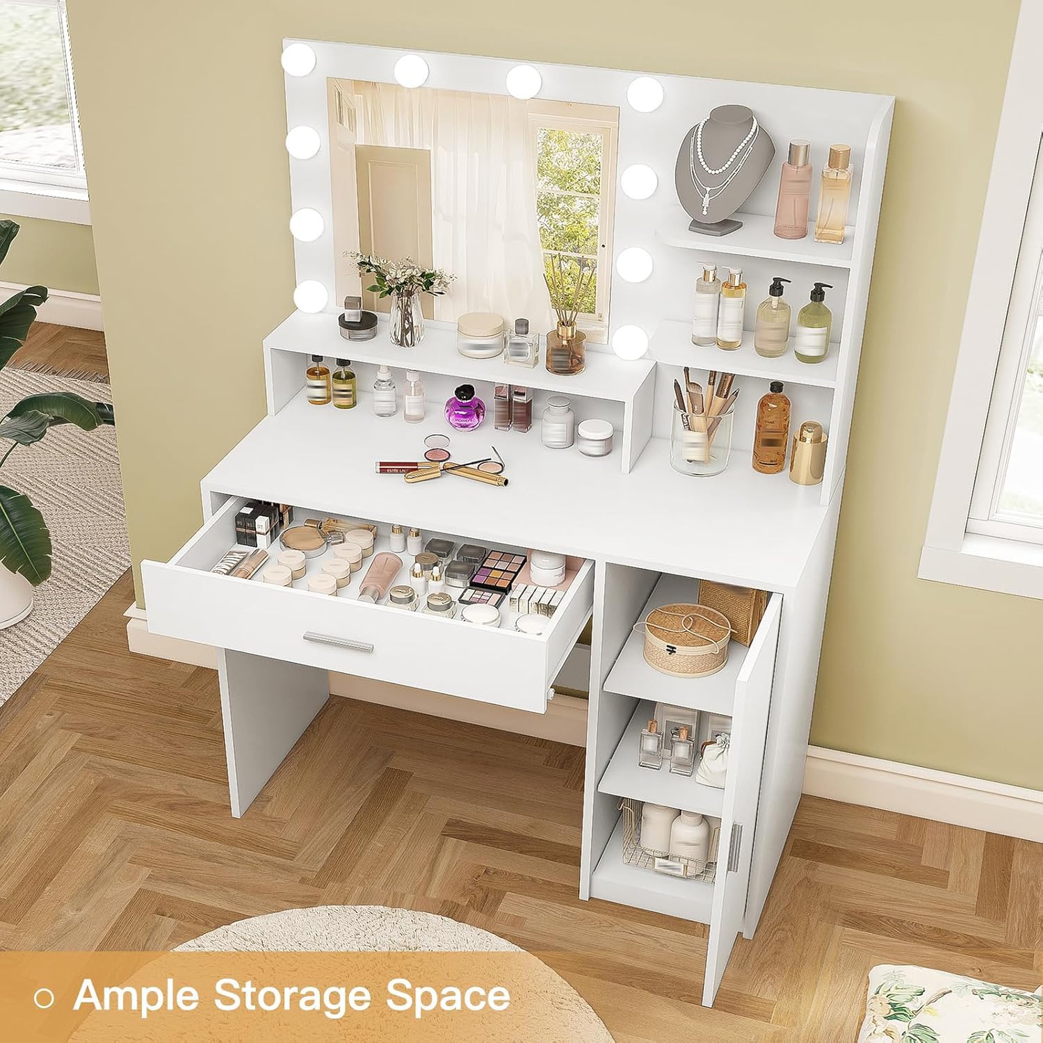 Quimoo Vanity Desk with Mirror & Lights - 3 Colors, Adjustable Brightness for Bedroom Makeup