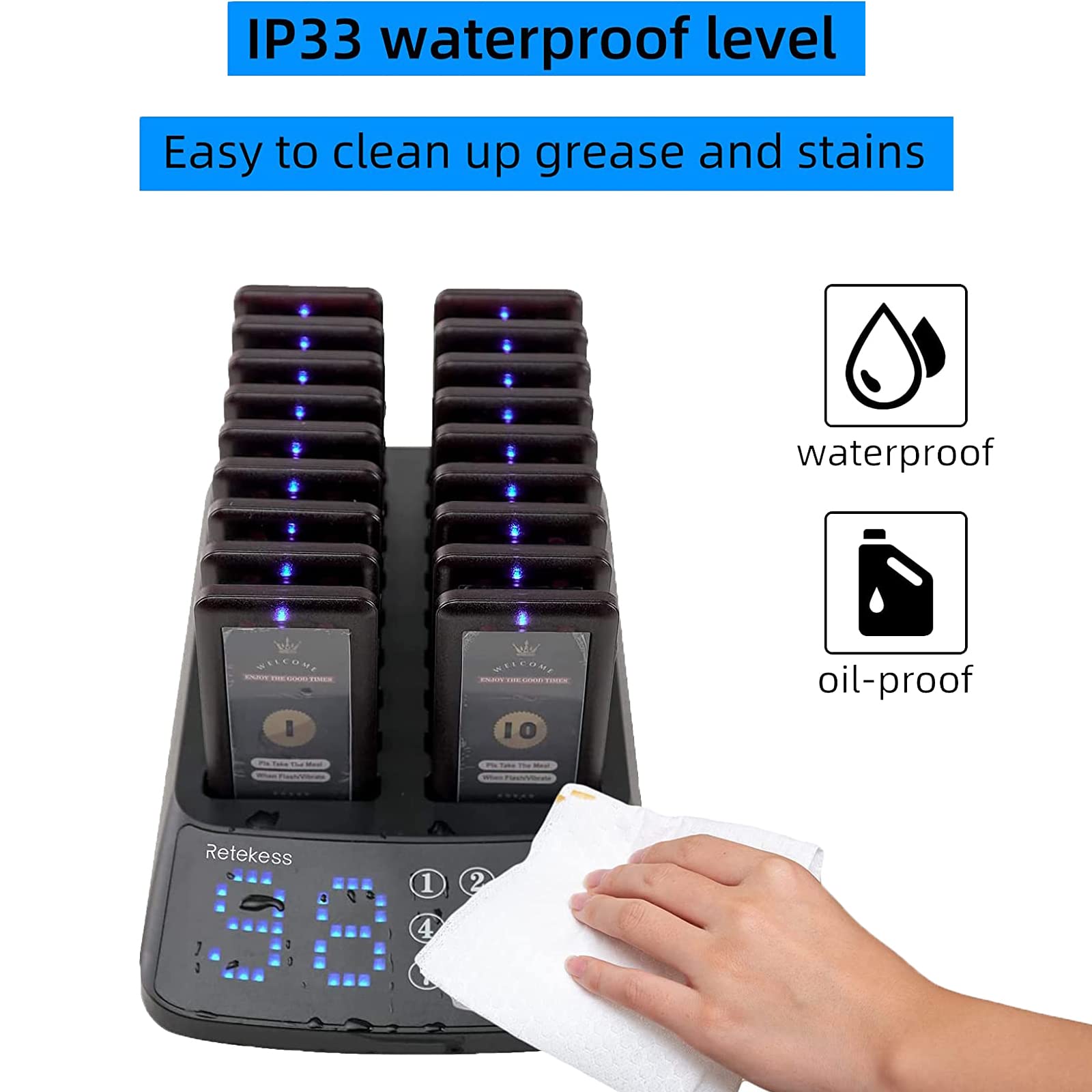 Retekess T115 Restaurant Pagers - 18-Pack Waterproof Wireless Pager System with Touch Keyboard, Vibration & Flash Alerts for Food Trucks, Cafes, Church Nurseries - Ideal for Order Pickup & Customer Notification